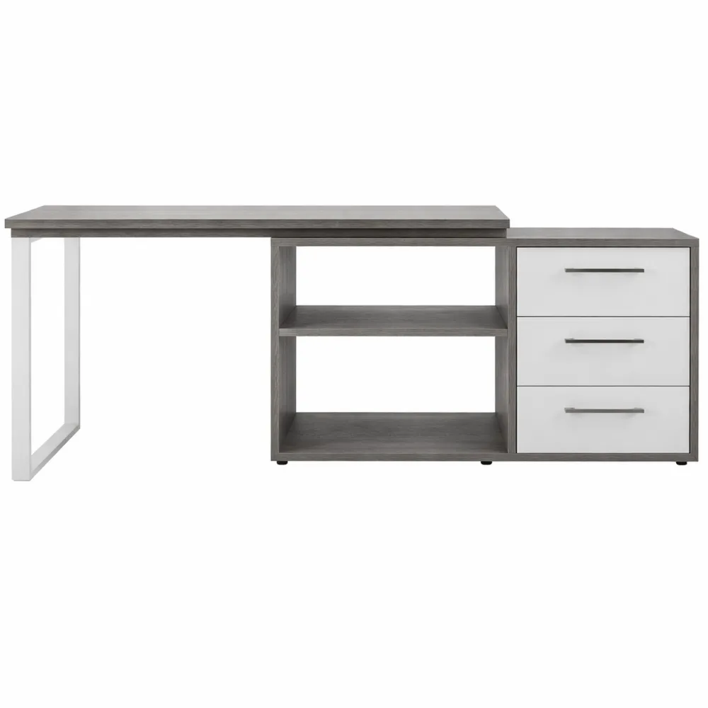 Scrivania Angolare con 3 Cassetti e Libreria, Colore Cemento e Bianco-Xeljoy