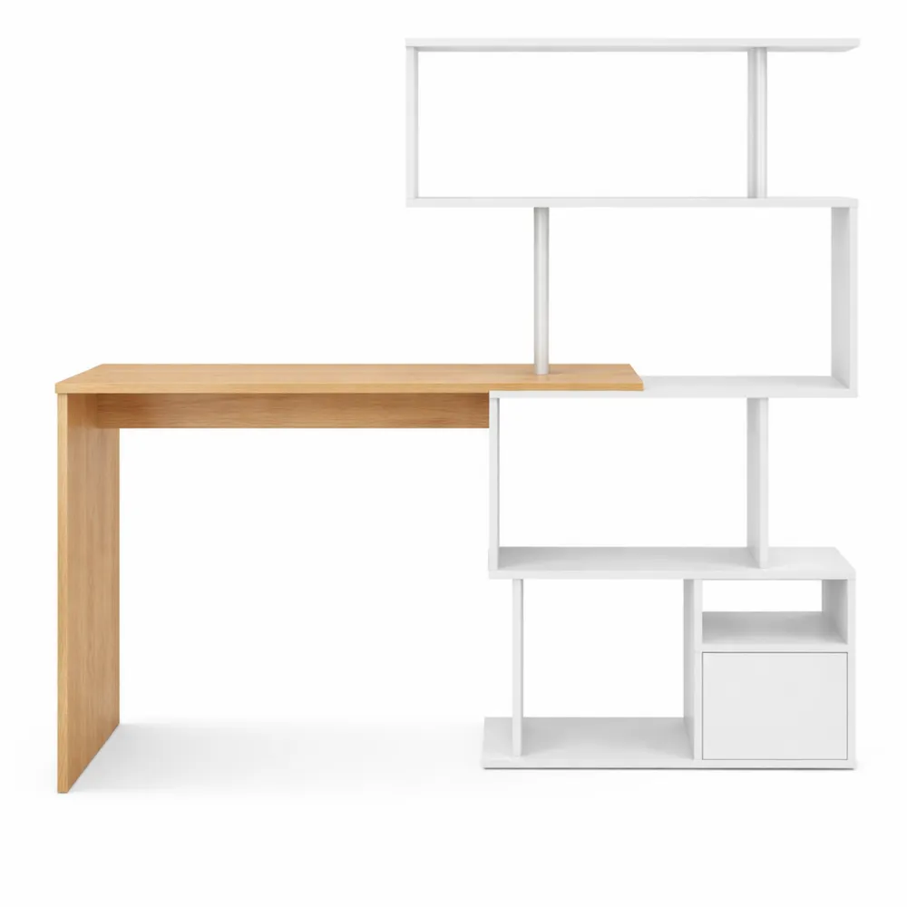 Scrivania Angolare con Scaffale Girevole per Ufficio, Bianco e Legno-Xeljoy