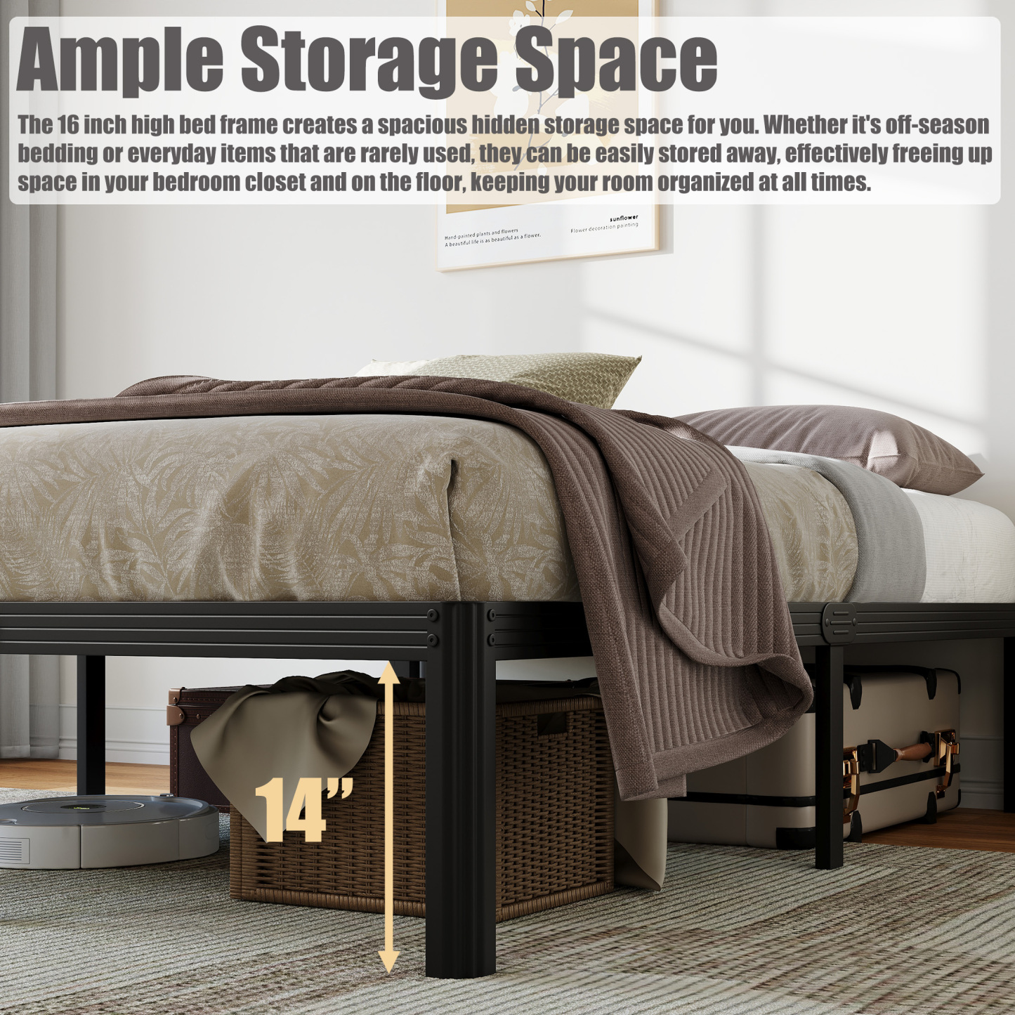 Neslime 16 inch Twin-XL Size Metal Platform with Rounded Corners, Heavy Duty Bed Frame, No Box Spring Needed, Black