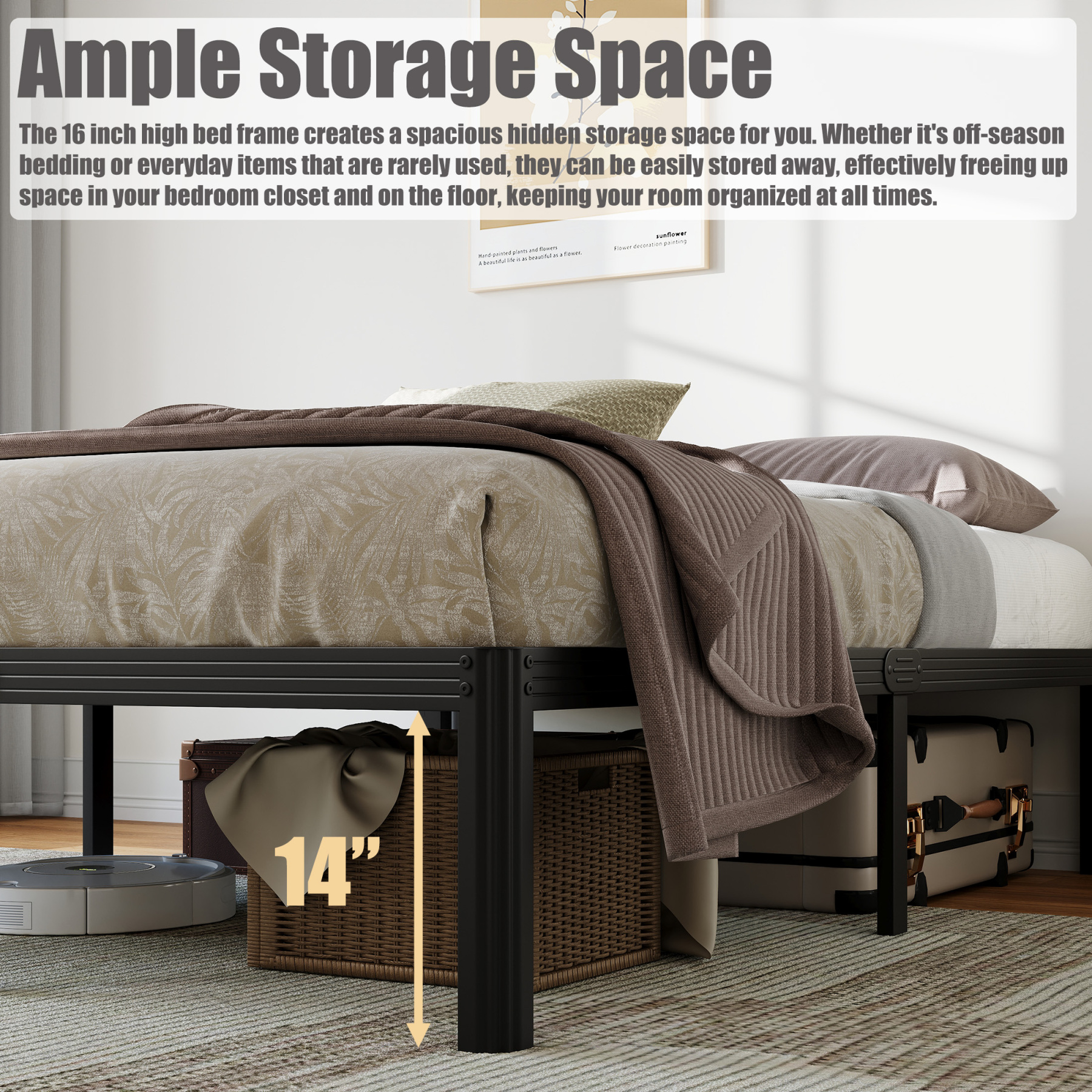 Neslime 16 inch Twin-XL Size Metal Platform with Rounded Corners, Heavy Duty Bed Frame, No Box Spring Needed, Black
