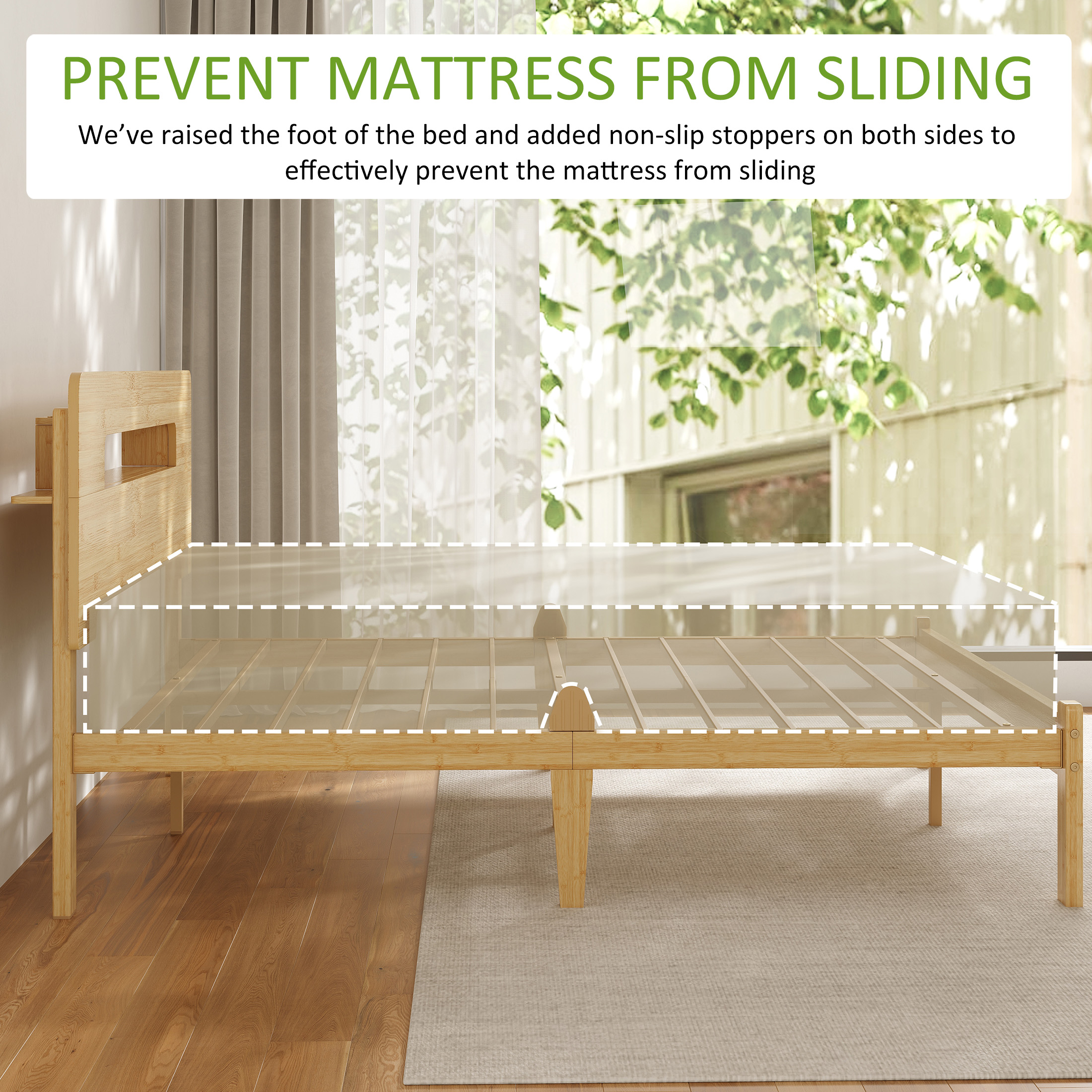 Neslime 14 inch Queen Size Bamboo Bed Frame with Storage Headboard, Heavy Duty Bed Frame with Mattress Non-Slip Stoppers, Metal Slats Support, Natural