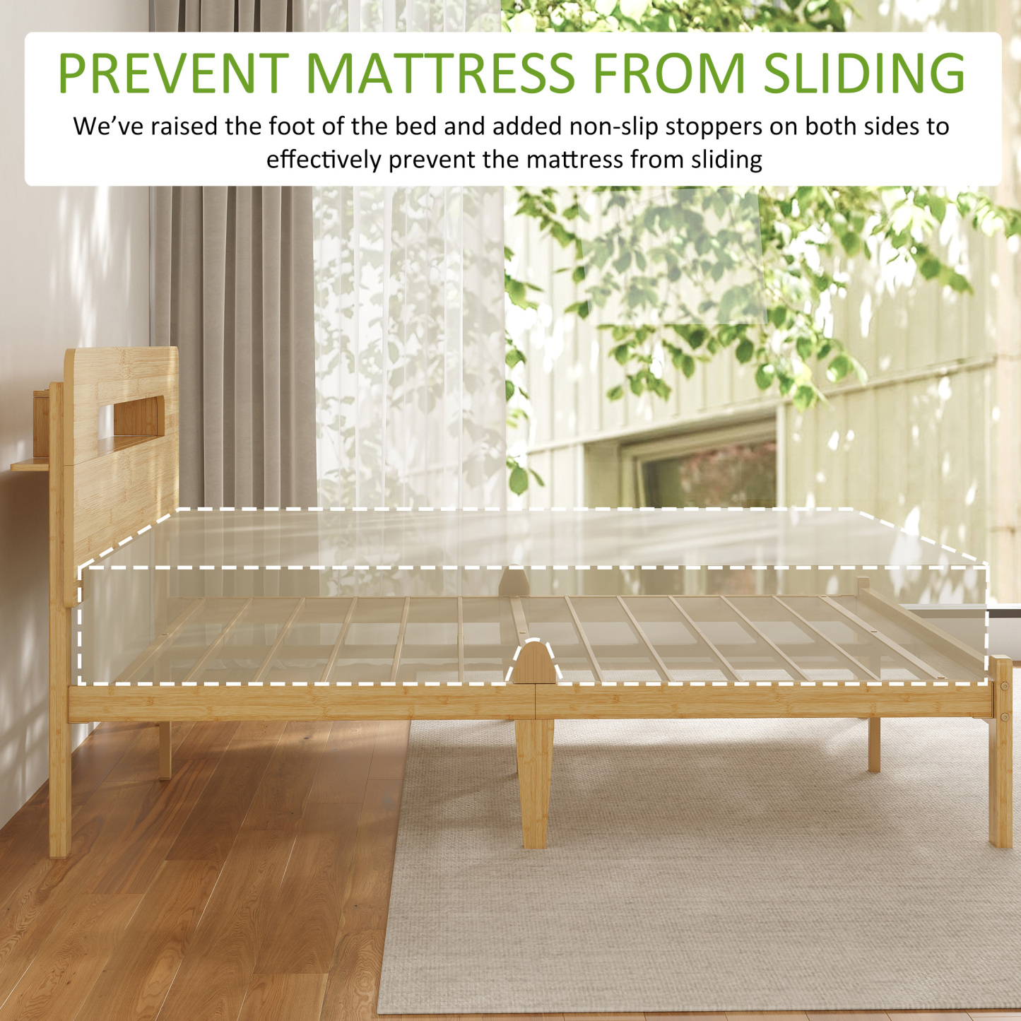 Neslime 14 inch Queen Size Bamboo Bed Frame with Storage Headboard, Heavy Duty Bed Frame with Mattress Non-Slip Stoppers, Metal Slats Support, Natural