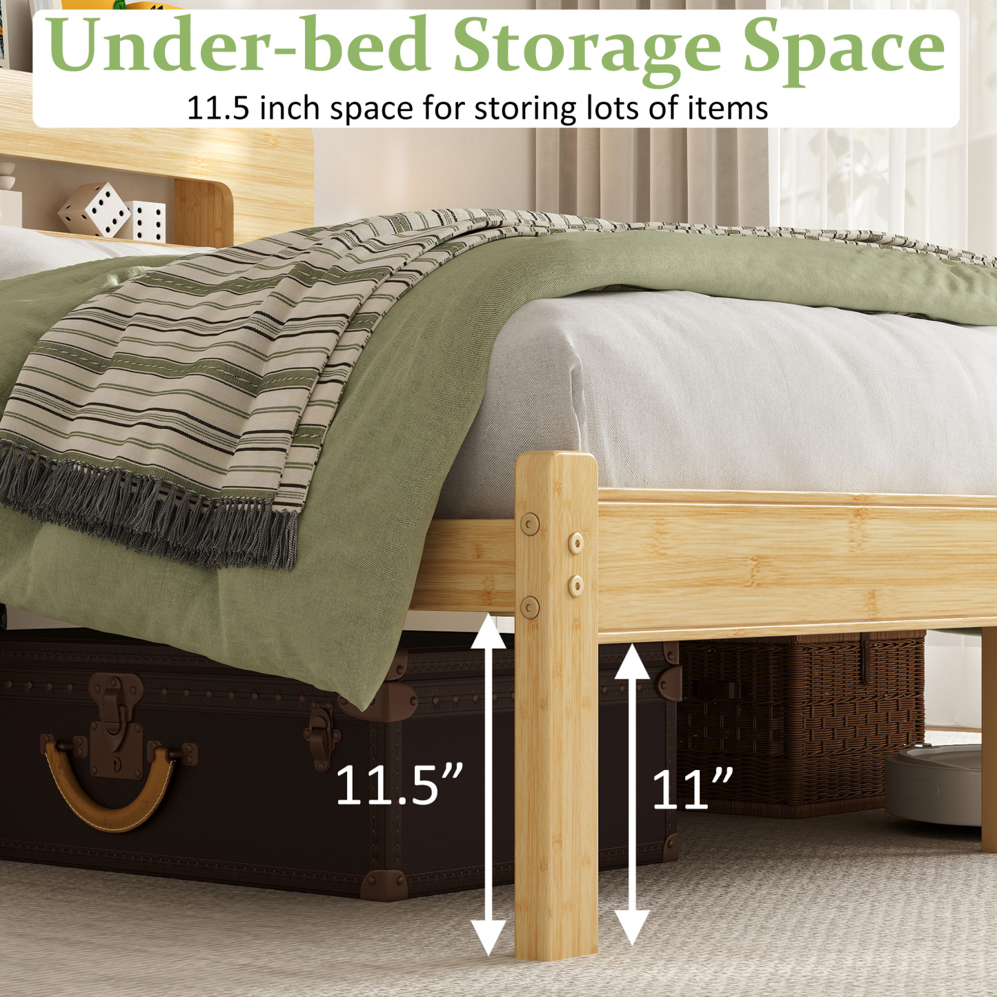 Neslime 14 inch Queen Size Bamboo Bed Frame with Storage Headboard, Heavy Duty Bed Frame with Mattress Non-Slip Stoppers, Metal Slats Support, Natural