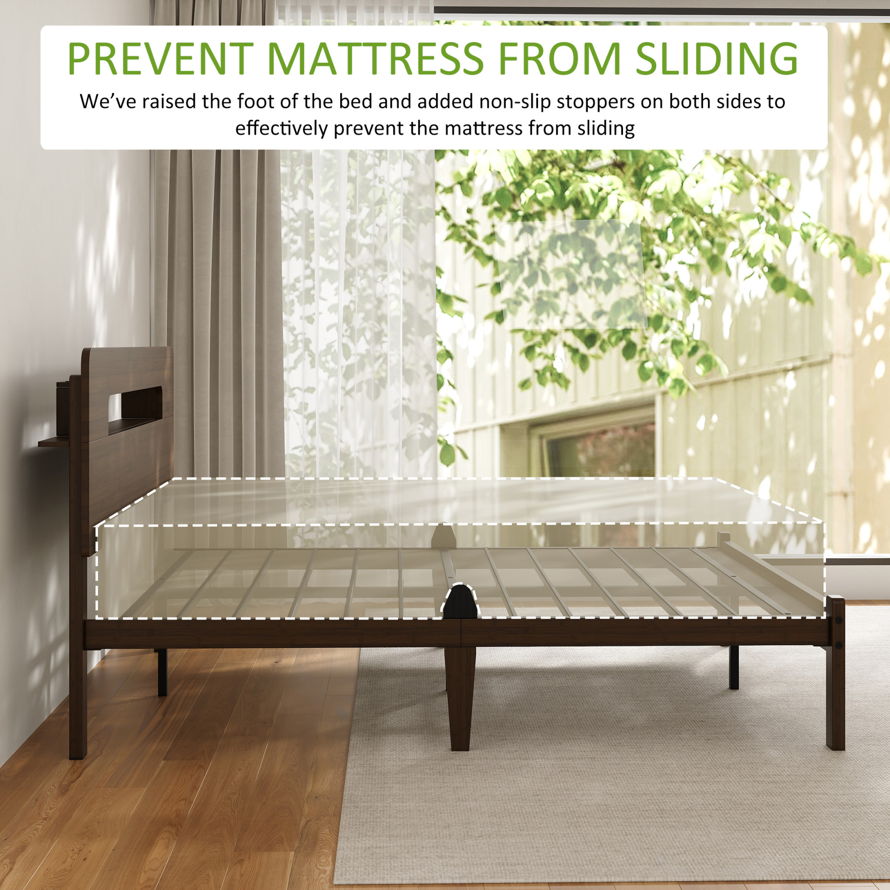 Neslime 14 inch Queen Size Bamboo Bed Frame with Storage Headboard, Heavy Duty Bed Frame with Mattress Non-Slip Stoppers, Metal Slats Support, Walnut