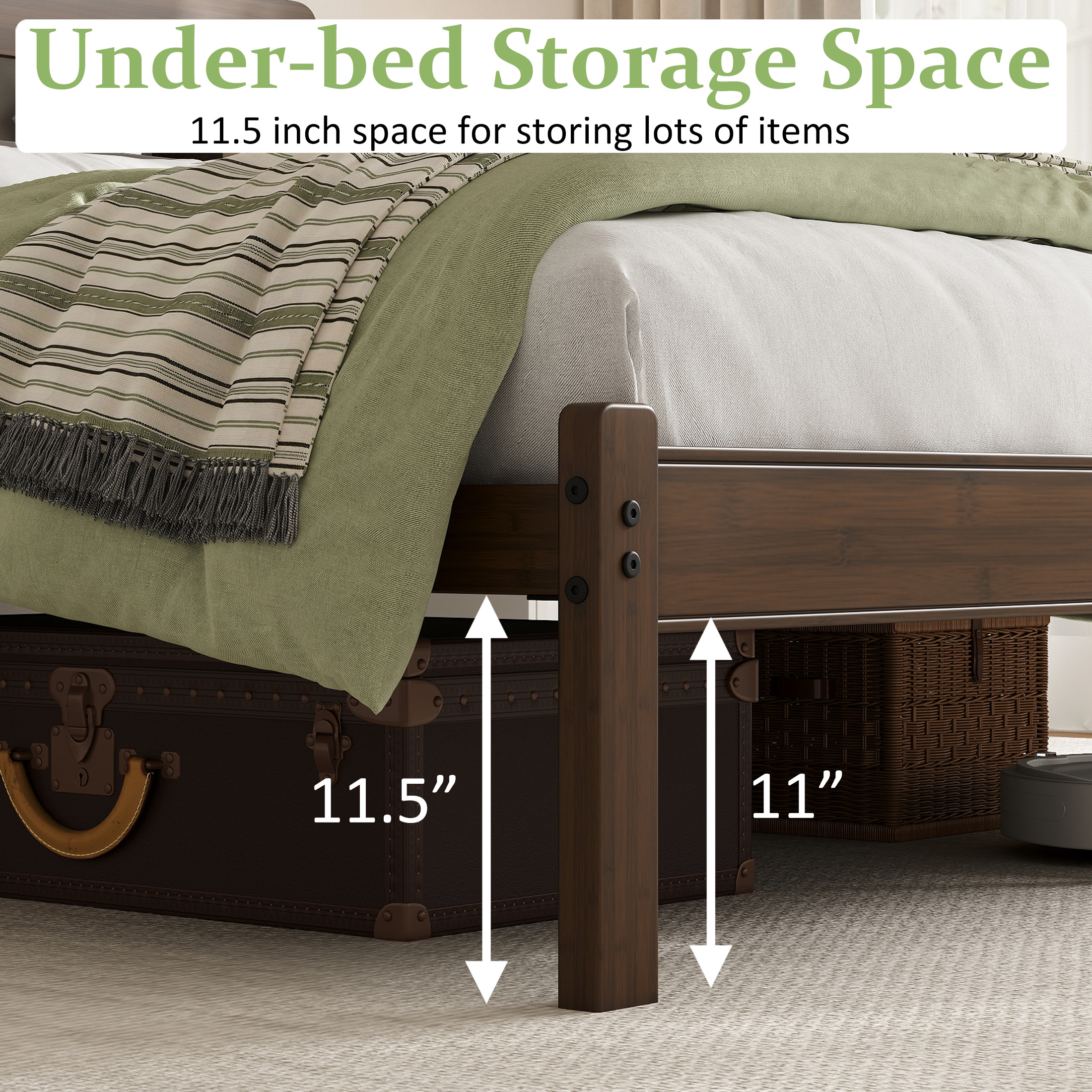Neslime 14 inch Queen Size Bamboo Bed Frame with Storage Headboard, Heavy Duty Bed Frame with Mattress Non-Slip Stoppers, Metal Slats Support, Walnut