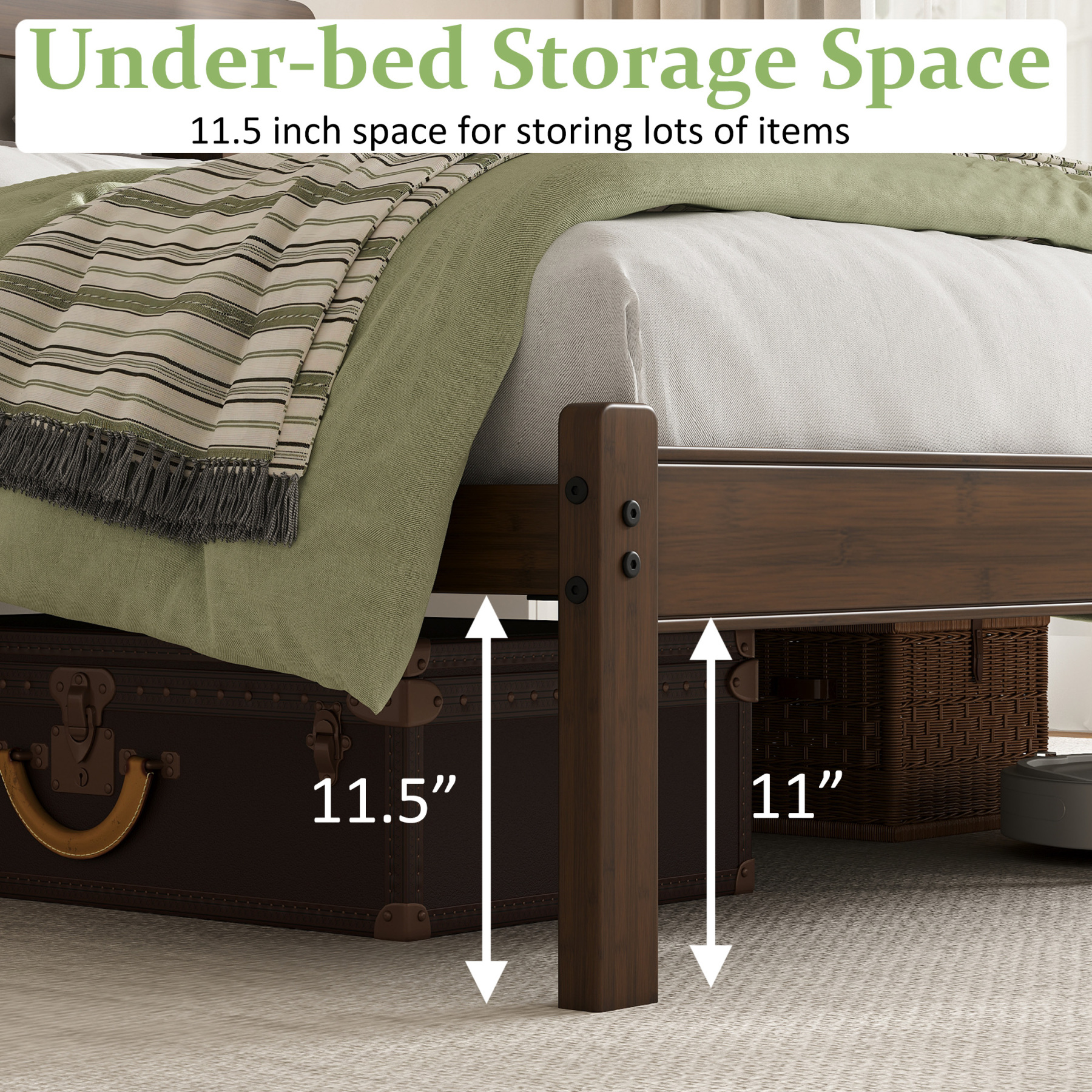 Neslime 14 inch Queen Size Bamboo Bed Frame with Storage Headboard, Heavy Duty Bed Frame with Mattress Non-Slip Stoppers, Metal Slats Support, Walnut