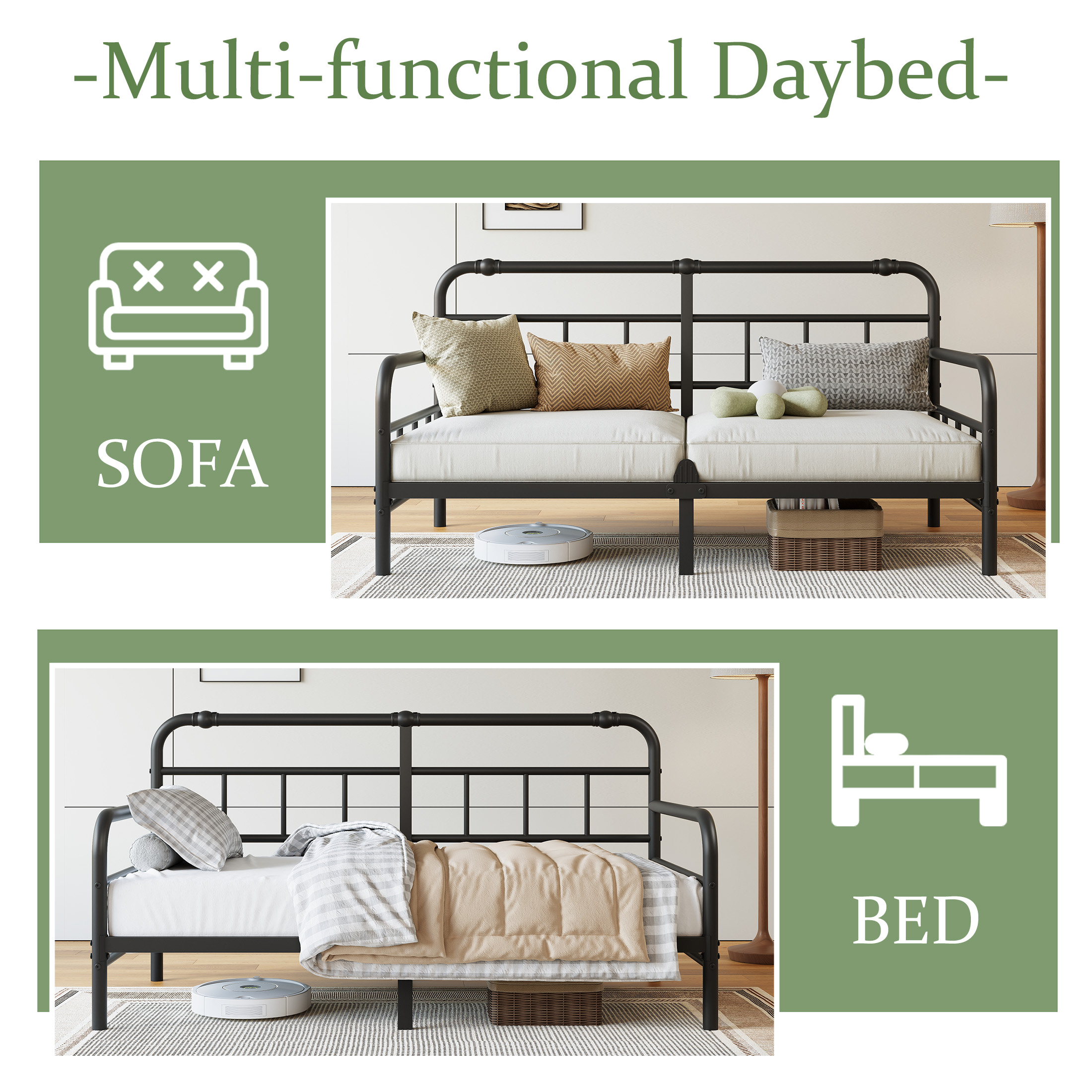 NESLIME 12 inch Twin Size Metal Daybed Frame, Twin Sofa Daybed Frame with Mattress Non-Slip Stoppers, Metal Slats Support