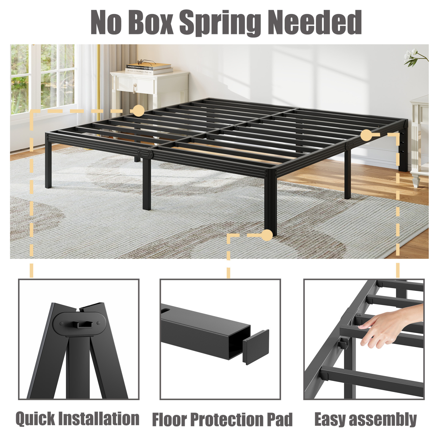 Neslime 16 inch Twin-XL Size Metal Platform with Rounded Corners, Heavy Duty Bed Frame, No Box Spring Needed, Black