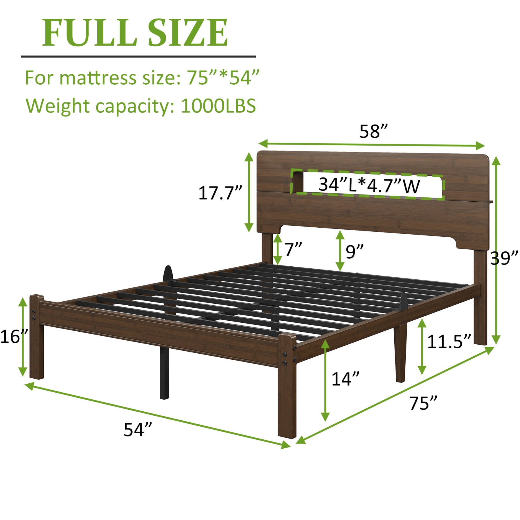 Neslime 14 inch Queen Size Bamboo Bed Frame with Storage Headboard, Heavy Duty Bed Frame with Mattress Non-Slip Stoppers, Metal Slats Support, Walnut
