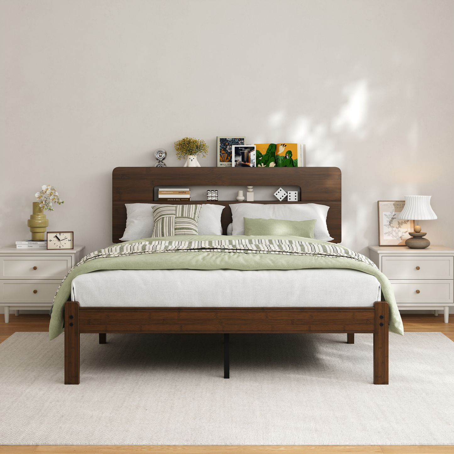 Neslime 14 inch Queen Size Bamboo Bed Frame with Storage Headboard, Heavy Duty Bed Frame with Mattress Non-Slip Stoppers, Metal Slats Support, Walnut