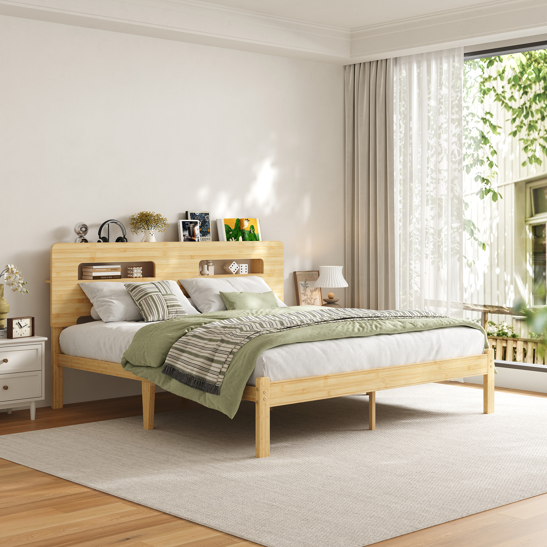 Neslime 14 inch Queen Size Bamboo Bed Frame with Storage Headboard, Heavy Duty Bed Frame with Mattress Non-Slip Stoppers, Metal Slats Support, Natural