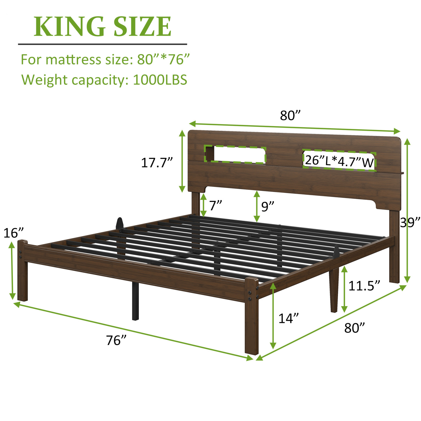 Neslime 14 inch Queen Size Bamboo Bed Frame with Storage Headboard, Heavy Duty Bed Frame with Mattress Non-Slip Stoppers, Metal Slats Support, Walnut