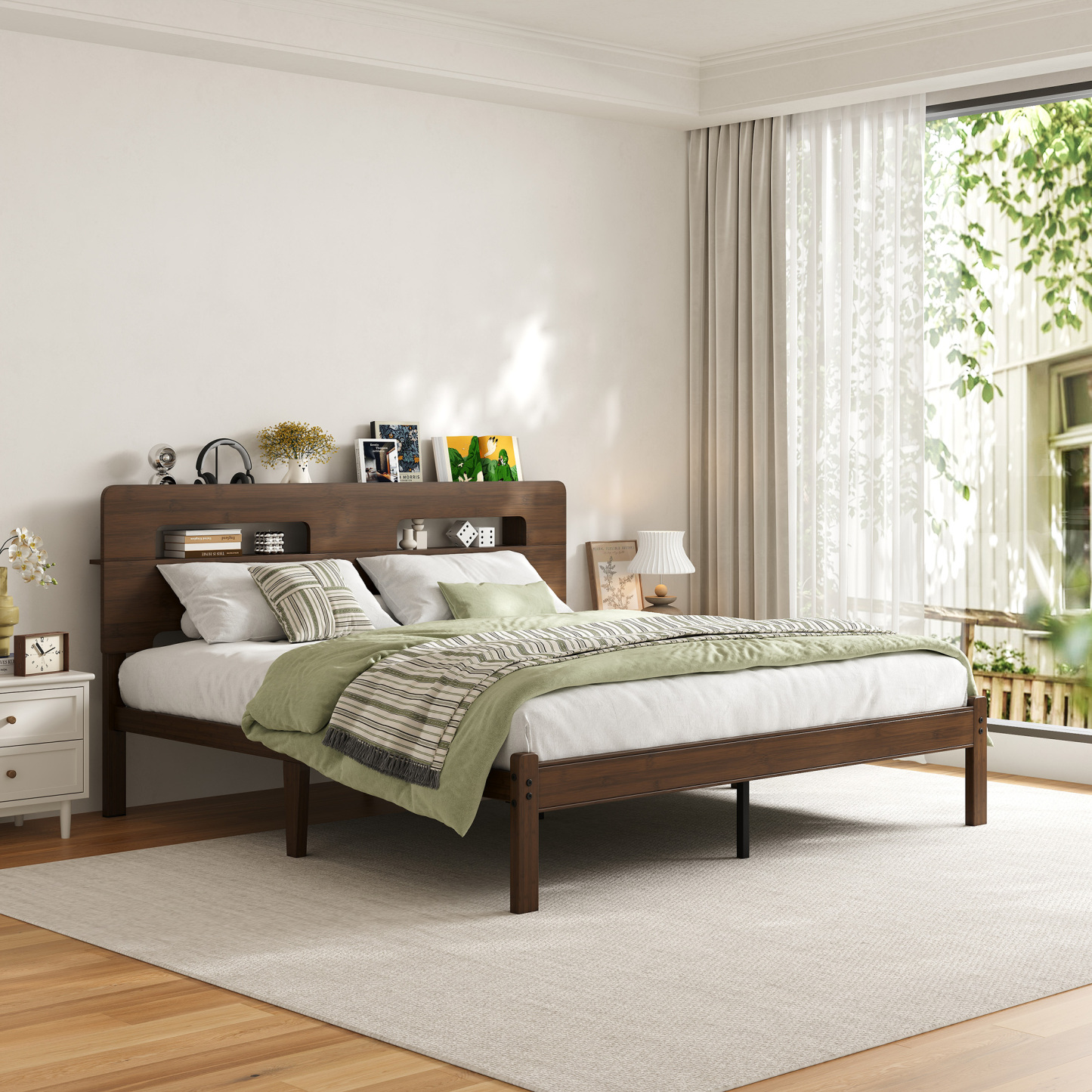 Neslime 14 inch Queen Size Bamboo Bed Frame with Storage Headboard, Heavy Duty Bed Frame with Mattress Non-Slip Stoppers, Metal Slats Support, Walnut