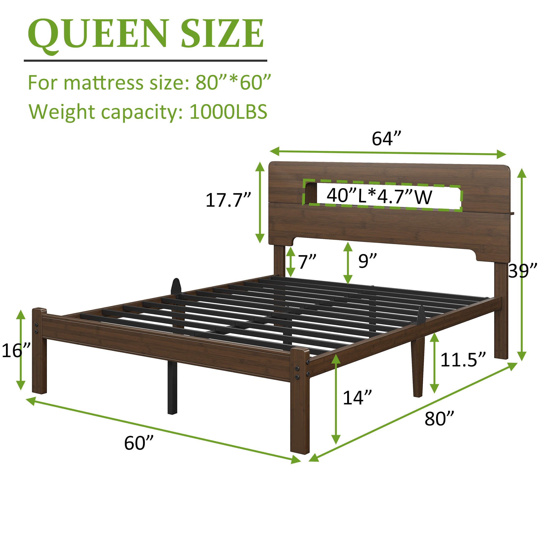 Neslime 14 inch Queen Size Bamboo Bed Frame with Storage Headboard, Heavy Duty Bed Frame with Mattress Non-Slip Stoppers, Metal Slats Support, Walnut