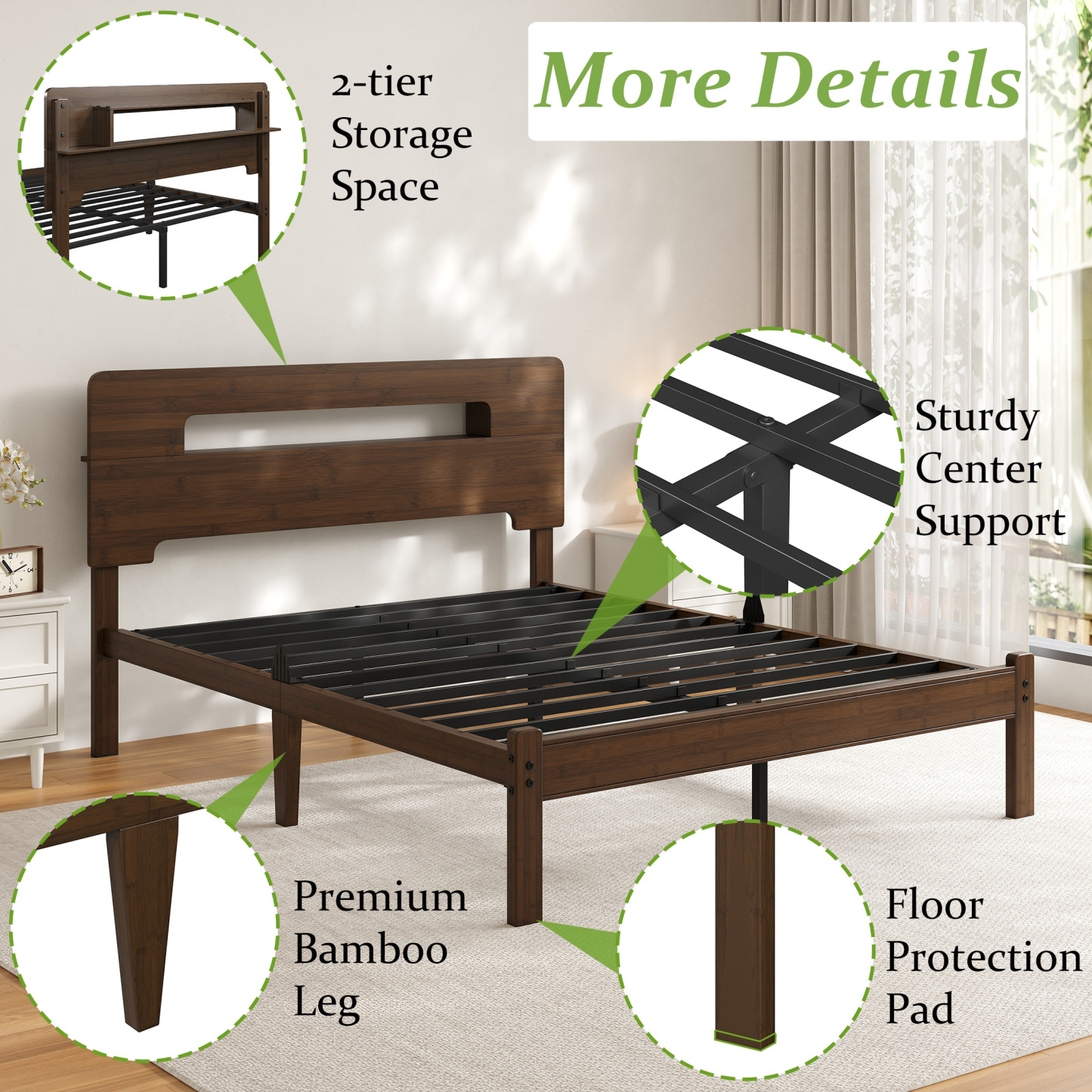 Neslime 14 inch Queen Size Bamboo Bed Frame with Storage Headboard, Heavy Duty Bed Frame with Mattress Non-Slip Stoppers, Metal Slats Support, Walnut