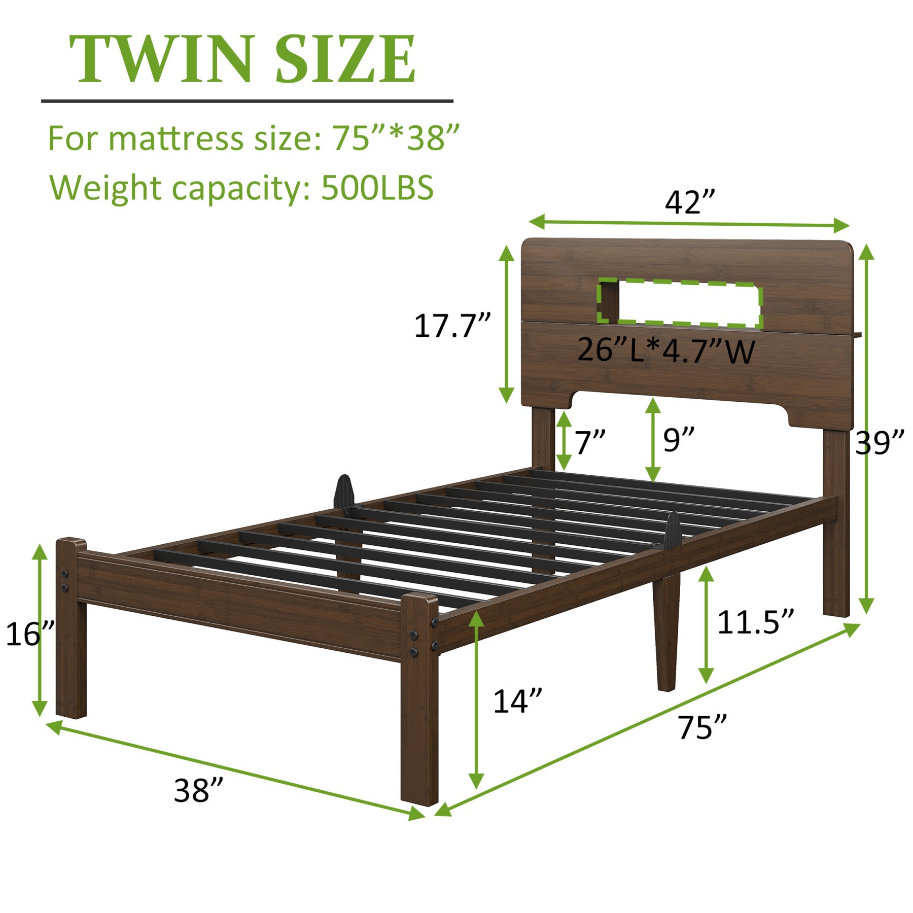 Neslime 14 inch Queen Size Bamboo Bed Frame with Storage Headboard, Heavy Duty Bed Frame with Mattress Non-Slip Stoppers, Metal Slats Support, Walnut