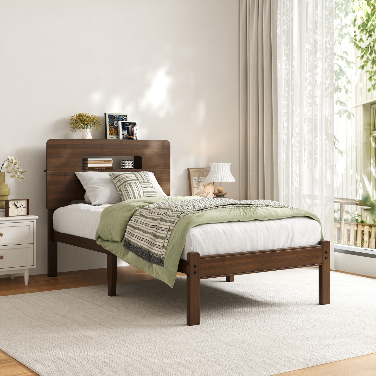 Neslime 14 inch Queen Size Bamboo Bed Frame with Storage Headboard, Heavy Duty Bed Frame with Mattress Non-Slip Stoppers, Metal Slats Support, Walnut