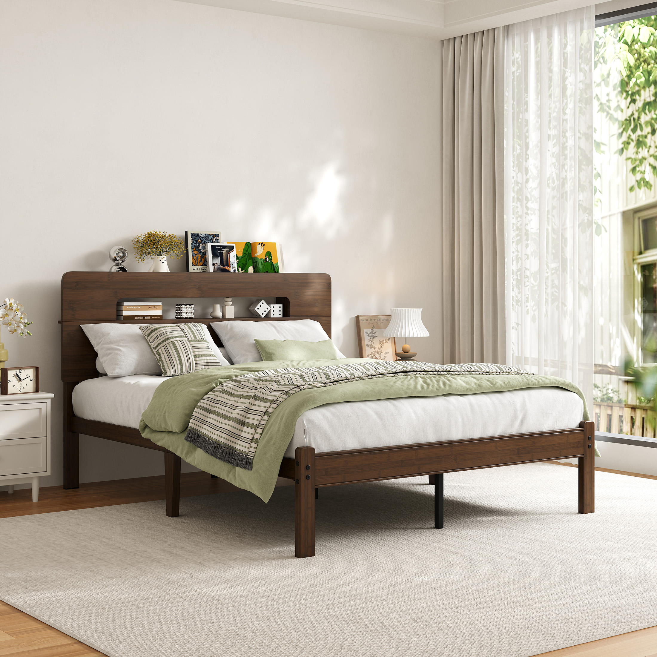 Neslime 14 inch Queen Size Bamboo Bed Frame with Storage Headboard, Heavy Duty Bed Frame with Mattress Non-Slip Stoppers, Metal Slats Support, Walnut