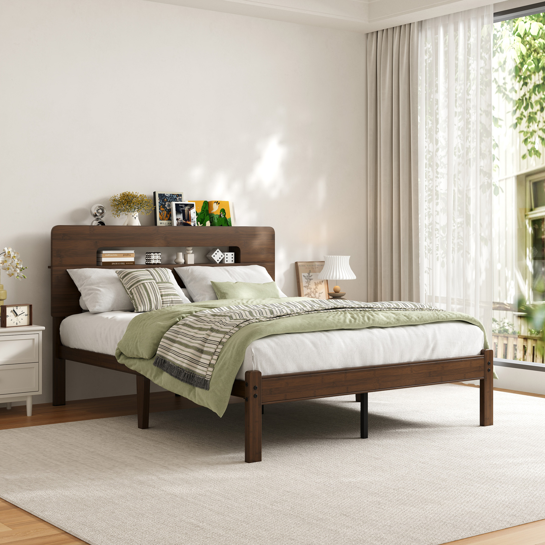 Neslime 14 inch Queen Size Bamboo Bed Frame with Storage Headboard, Heavy Duty Bed Frame with Mattress Non-Slip Stoppers, Metal Slats Support, Walnut