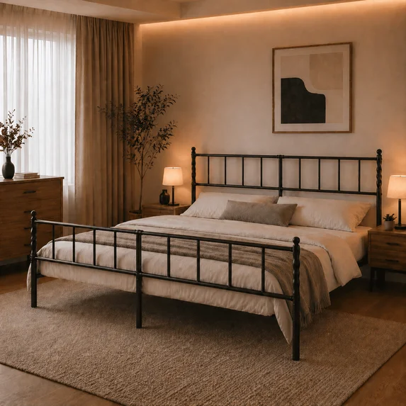 Heavy Duty Metal Platform Bed Frame with Headboard and Footboard, Industrial Style Steel Slat Mattress Foundation, No Box Spring Needed, Black