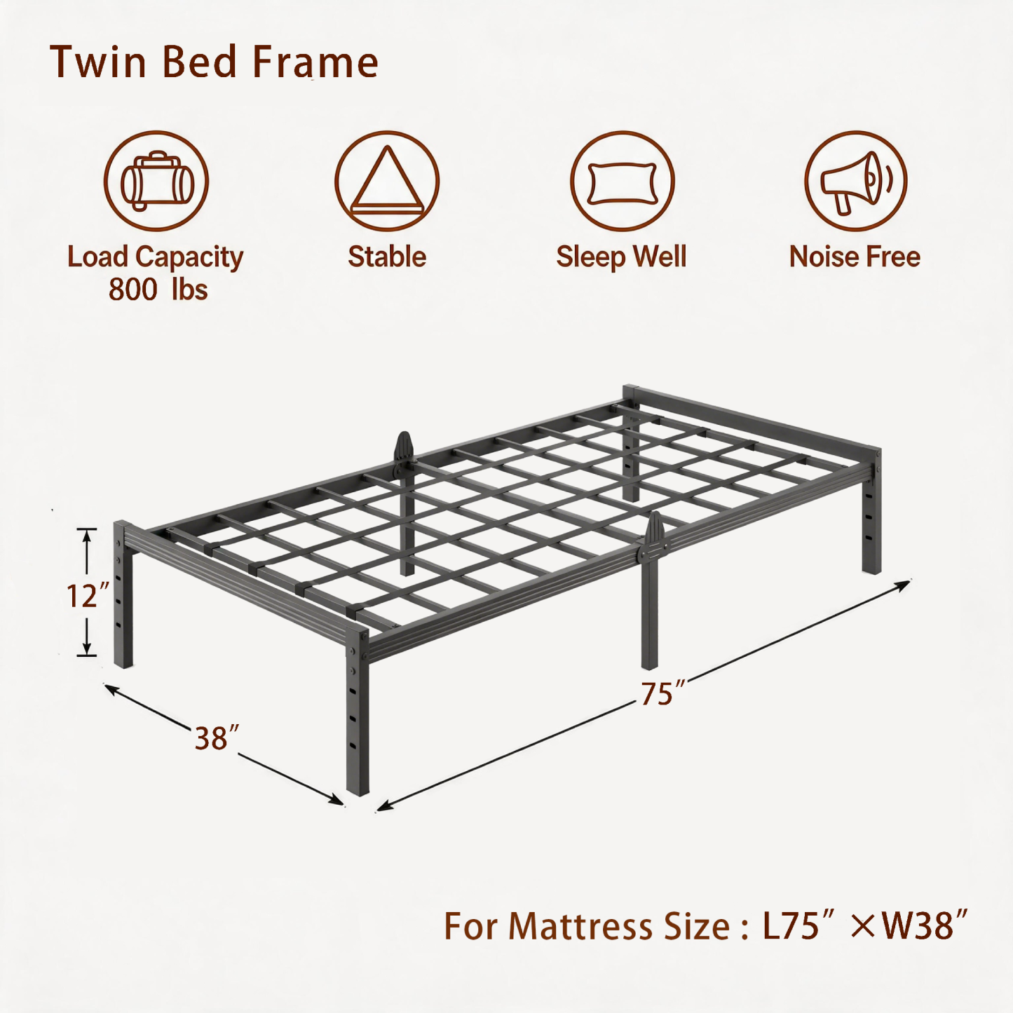 AURORAL ZONE 12 inch Twin Size Metal Bed Frame Platform, No Box Spring Needed, Easy Assembly, Noise Free
