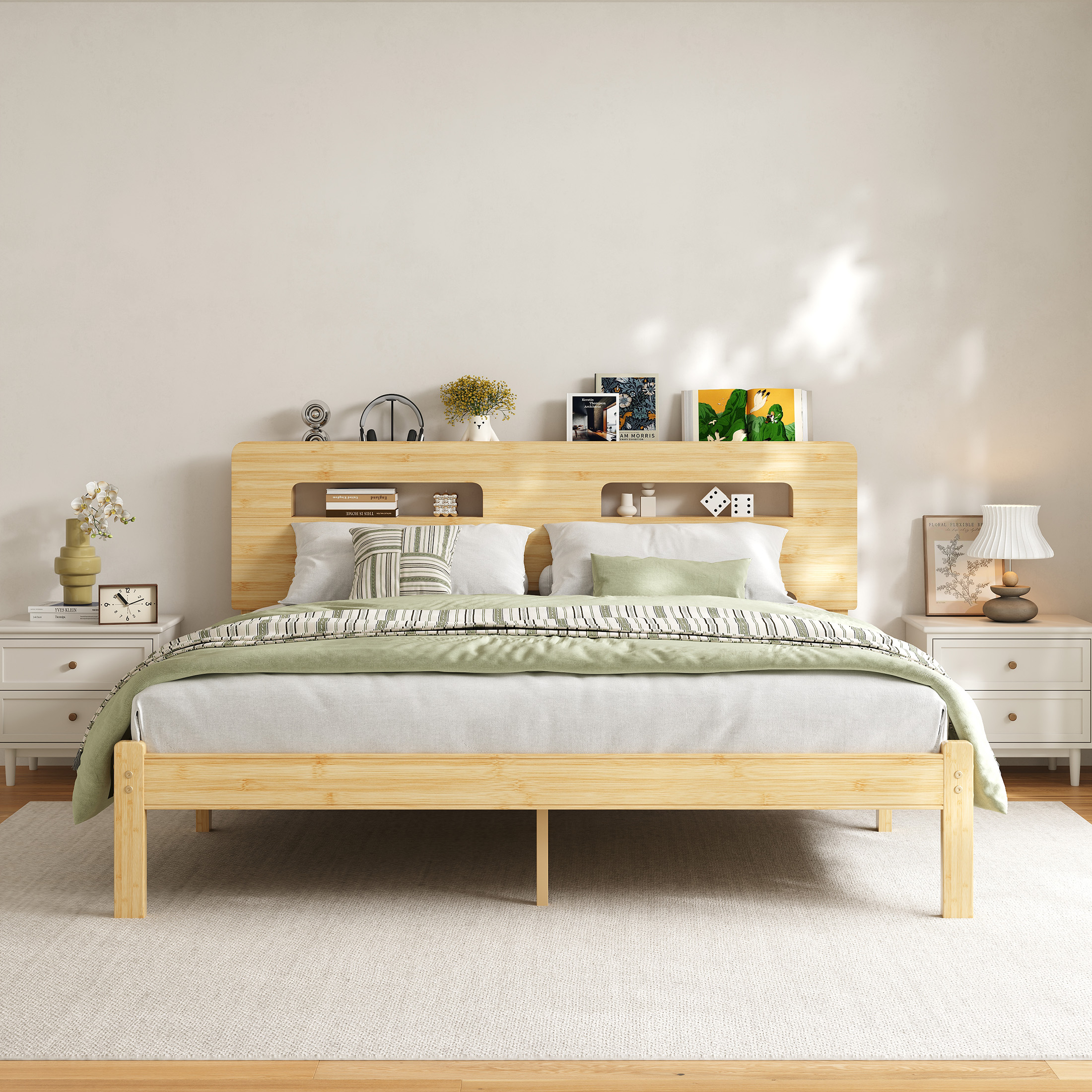 Neslime 14 inch Queen Size Bamboo Bed Frame with Storage Headboard, Heavy Duty Bed Frame with Mattress Non-Slip Stoppers, Metal Slats Support, Natural