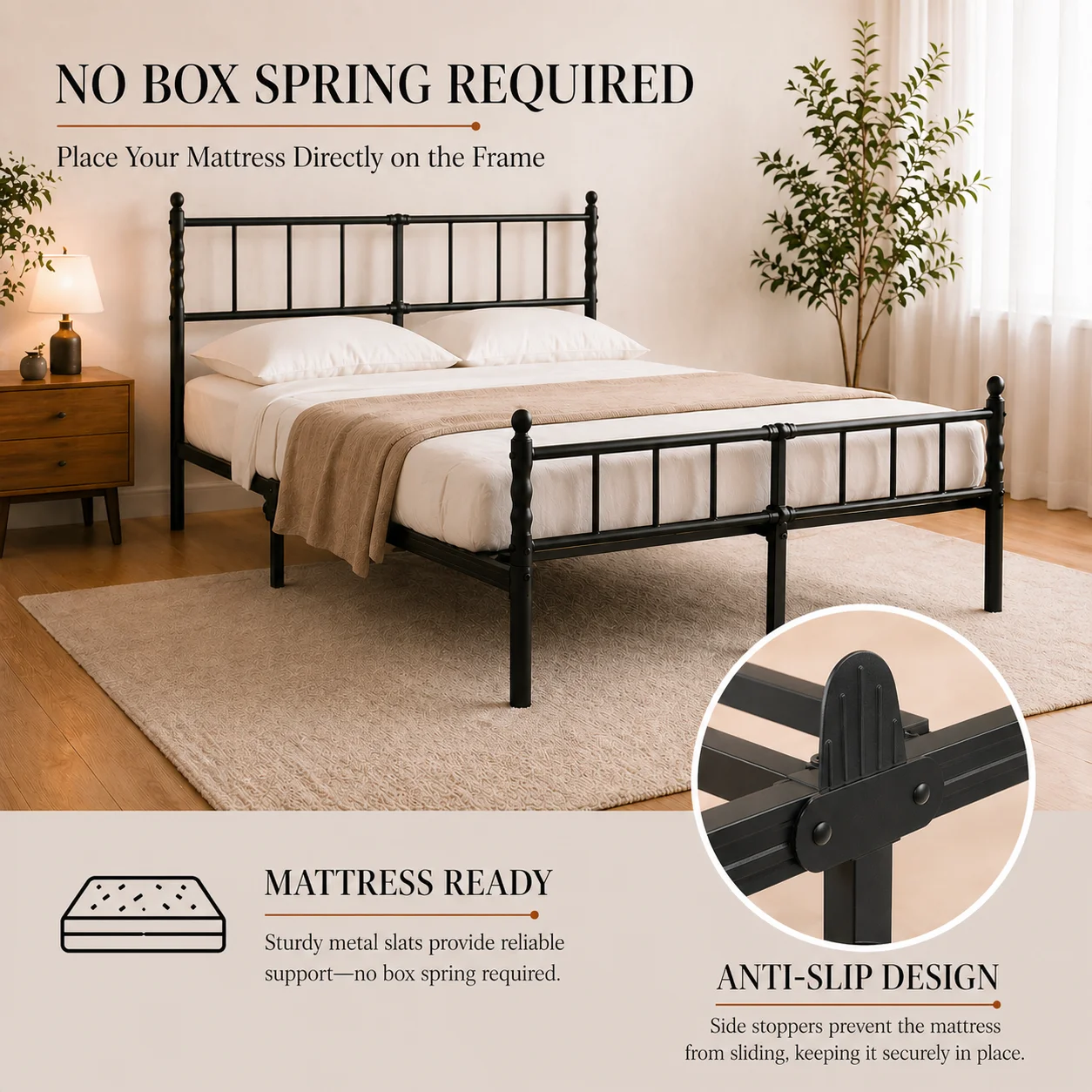 Heavy Duty Metal Platform Bed Frame with Headboard and Footboard, Industrial Style Steel Slat Mattress Foundation, No Box Spring Needed, Black