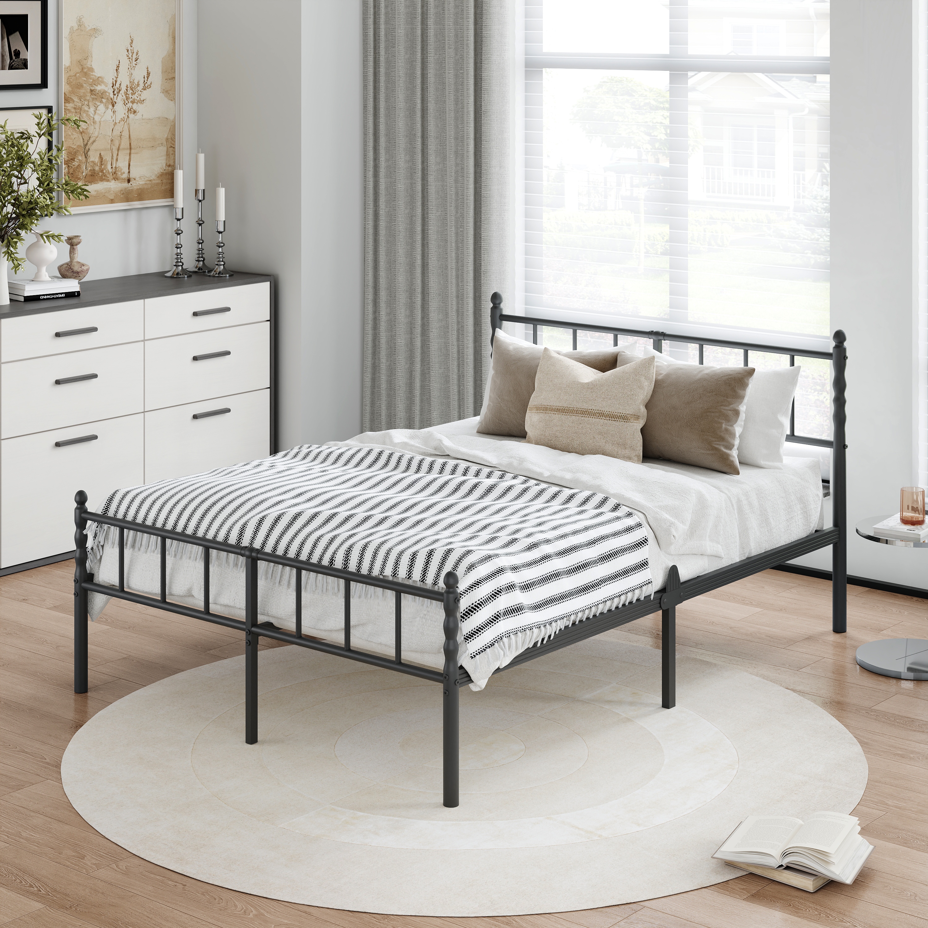 Heavy Duty Metal Platform Bed Frame with Headboard and Footboard, Industrial Style Steel Slat Mattress Foundation, No Box Spring Needed, Black