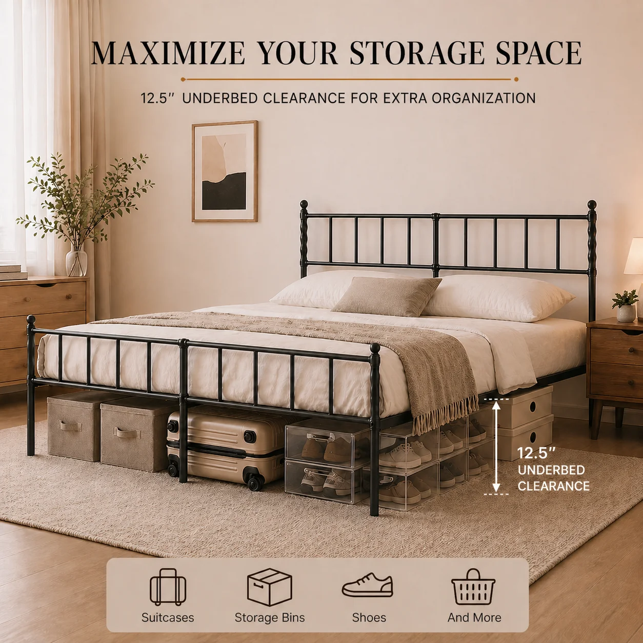Heavy Duty Metal Platform Bed Frame with Headboard and Footboard, Industrial Style Steel Slat Mattress Foundation, No Box Spring Needed, Black