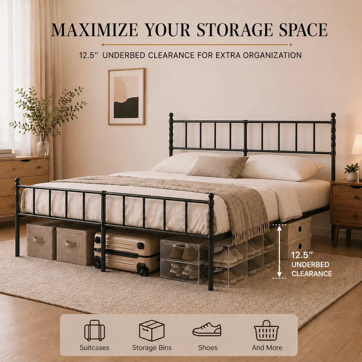 Heavy Duty Metal Platform Bed Frame with Headboard and Footboard, Industrial Style Steel Slat Mattress Foundation, No Box Spring Needed, Black