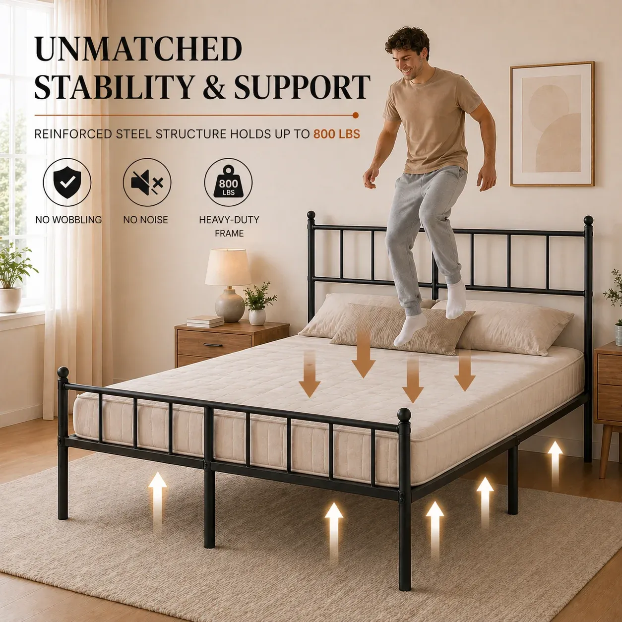Heavy Duty Metal Platform Bed Frame with Headboard and Footboard, Industrial Style Steel Slat Mattress Foundation, No Box Spring Needed, Black