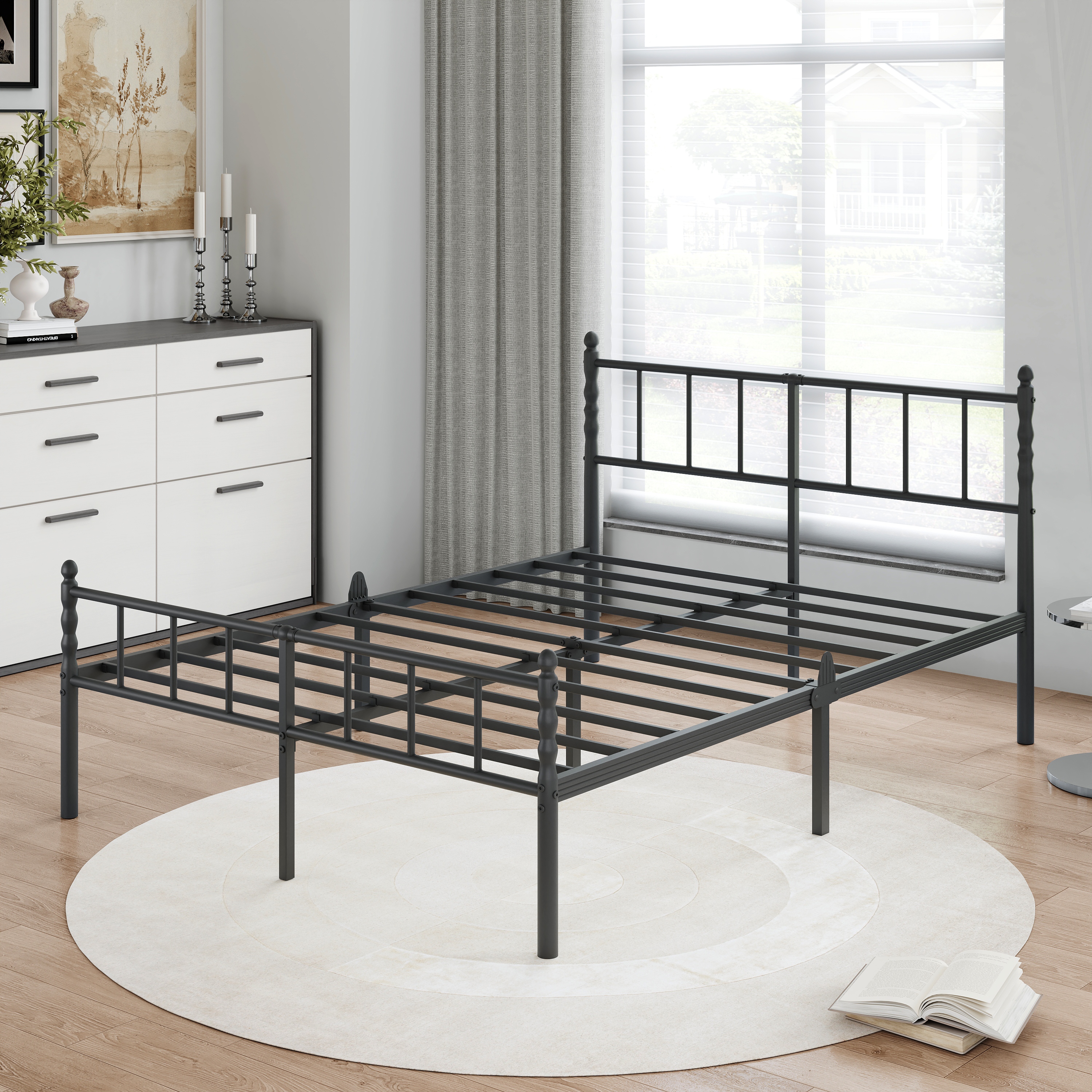 Heavy Duty Metal Platform Bed Frame with Headboard and Footboard, Industrial Style Steel Slat Mattress Foundation, No Box Spring Needed, Black