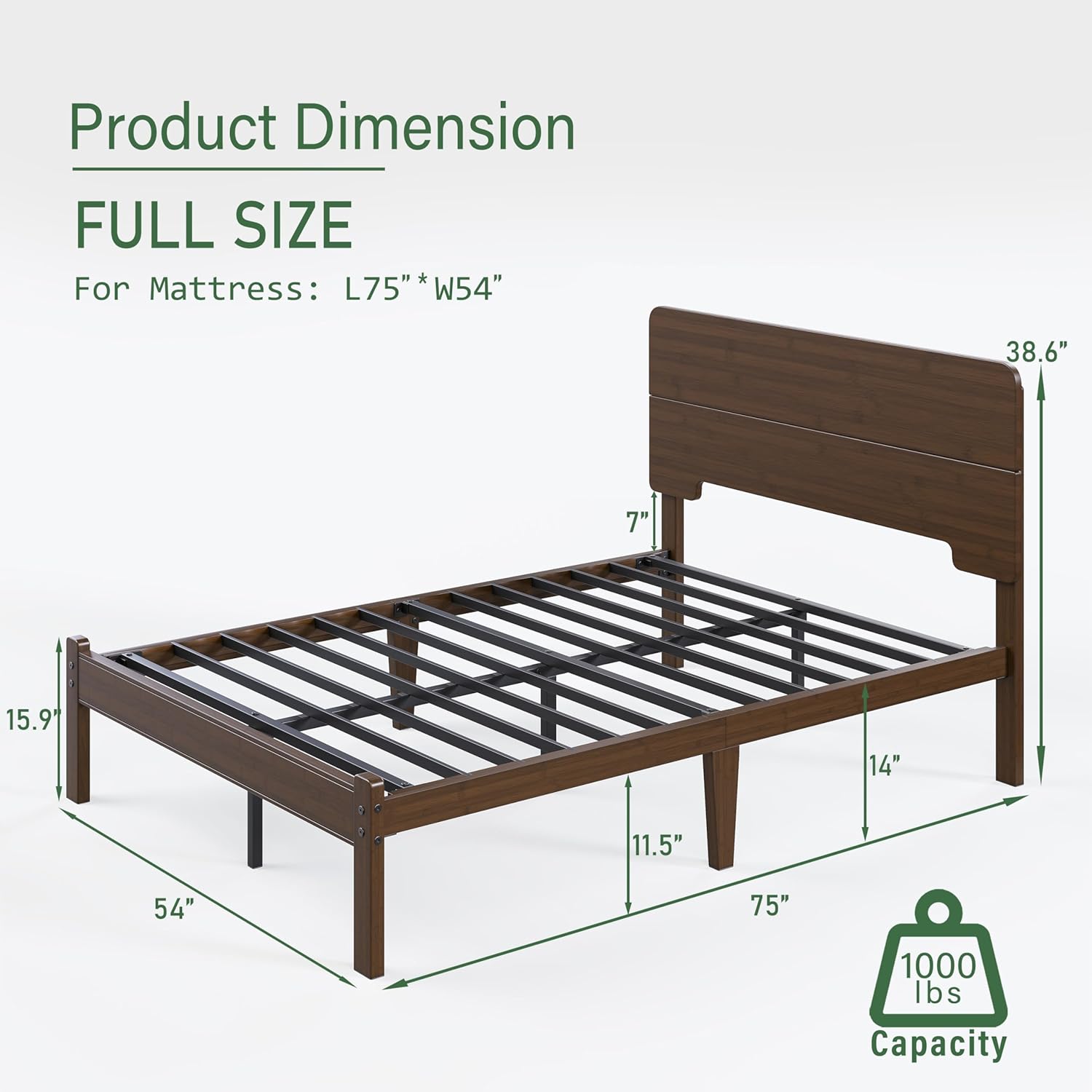 AURORAL ZONE 14 inch Bamboo Bed Frame with Headboard, No Box Spring Needed, Easy Assembly, Noise Free, Metal Slats Support, Walnut