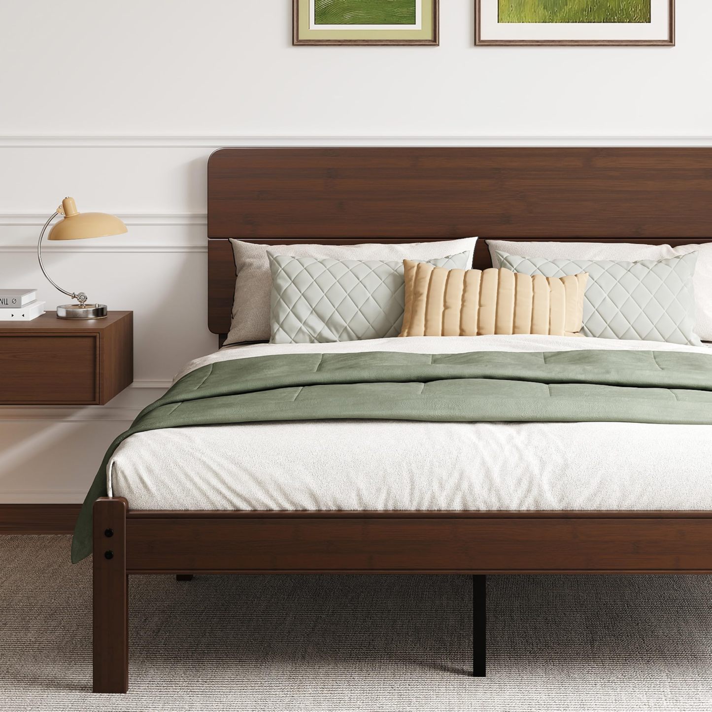 AURORAL ZONE 14 inch Bamboo Bed Frame with Headboard, No Box Spring Needed, Easy Assembly, Noise Free, Metal Slats Support, Walnut