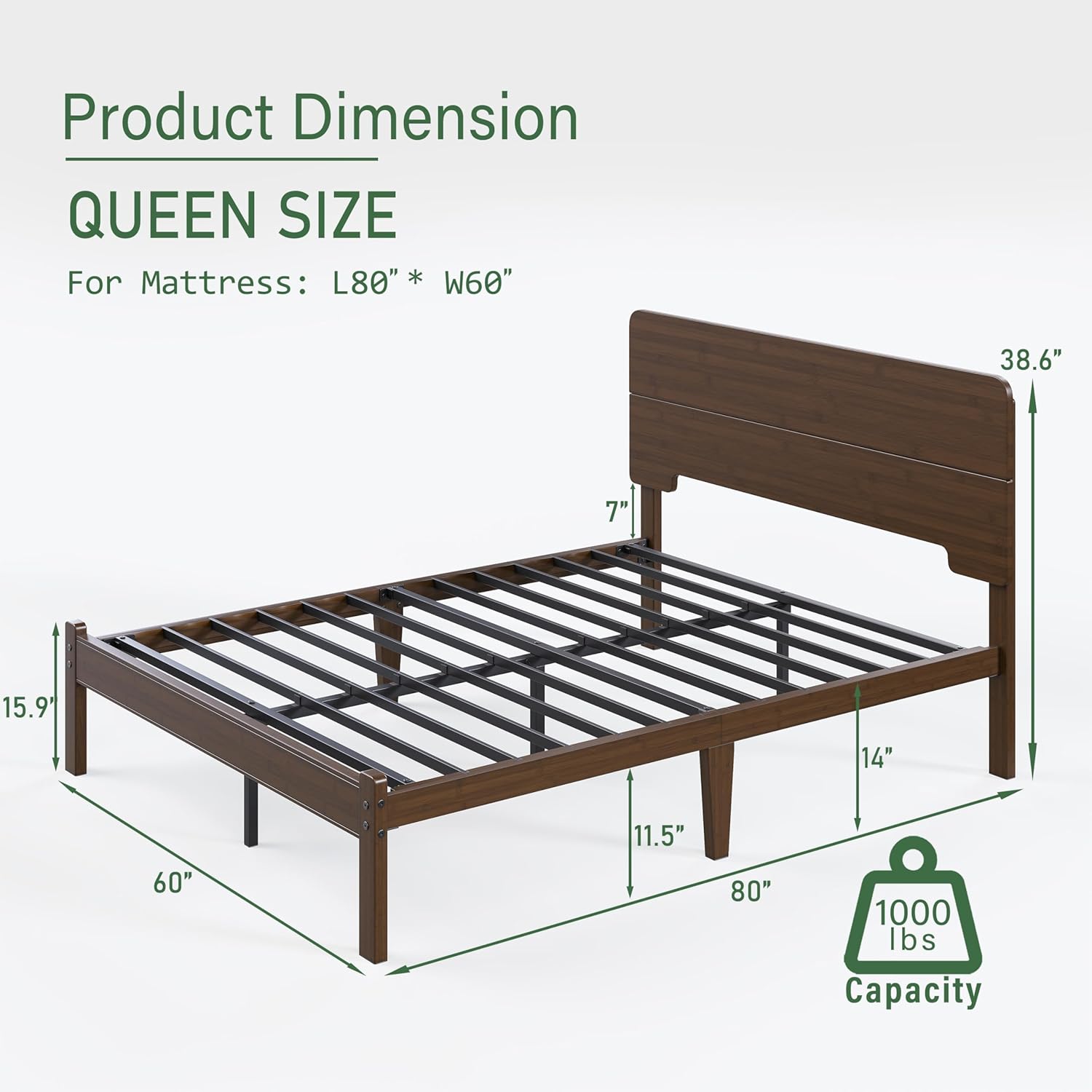 AURORAL ZONE 14 inch Bamboo Bed Frame with Headboard, No Box Spring Needed, Easy Assembly, Noise Free, Metal Slats Support, Walnut
