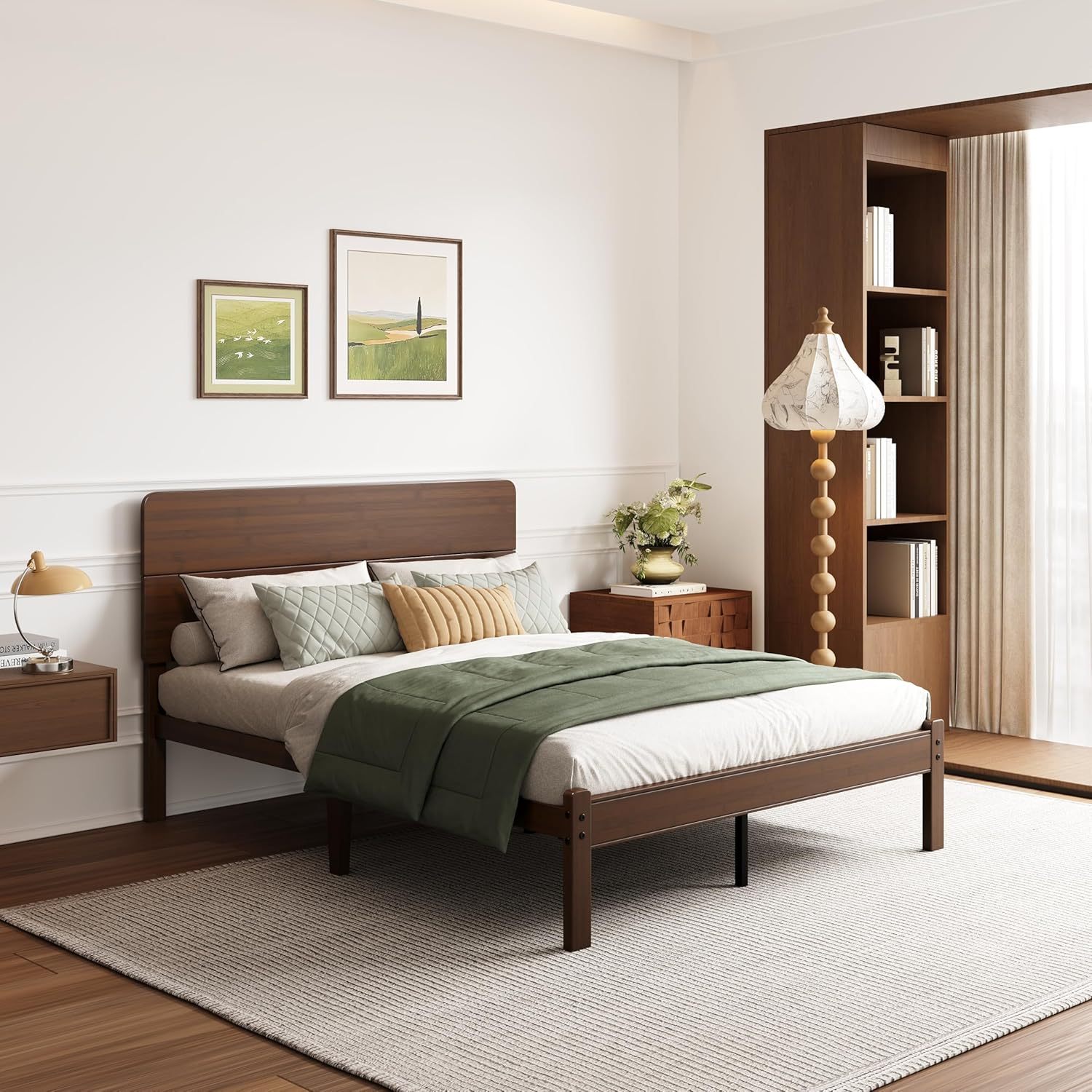 AURORAL ZONE 14 inch Bamboo Bed Frame with Headboard, No Box Spring Needed, Easy Assembly, Noise Free, Metal Slats Support, Walnut