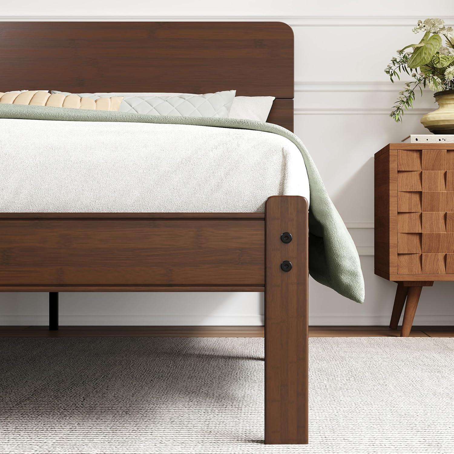AURORAL ZONE 14 inch Bamboo Bed Frame with Headboard, No Box Spring Needed, Easy Assembly, Noise Free, Metal Slats Support, Walnut