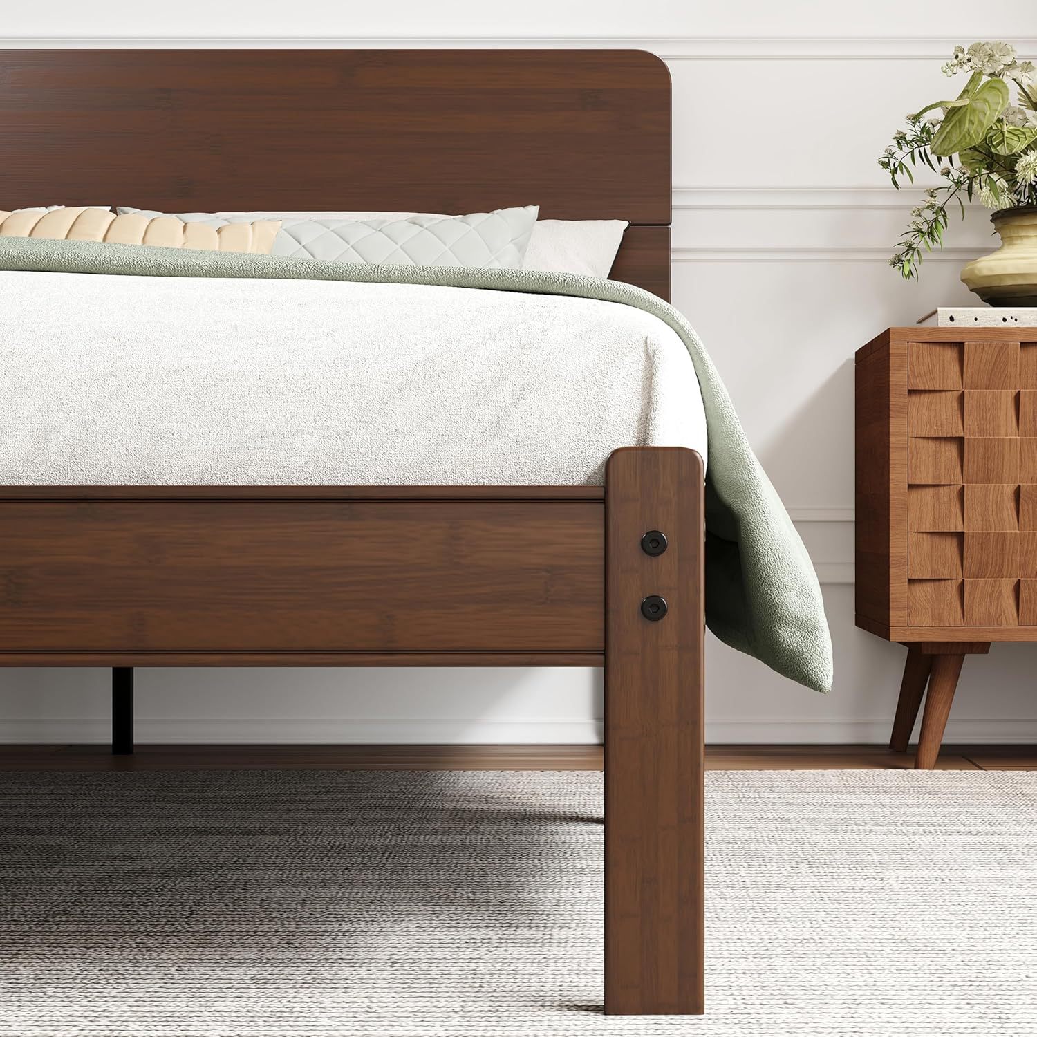 AURORAL ZONE 14 inch Bamboo Bed Frame with Headboard, No Box Spring Needed, Easy Assembly, Noise Free, Metal Slats Support, Walnut