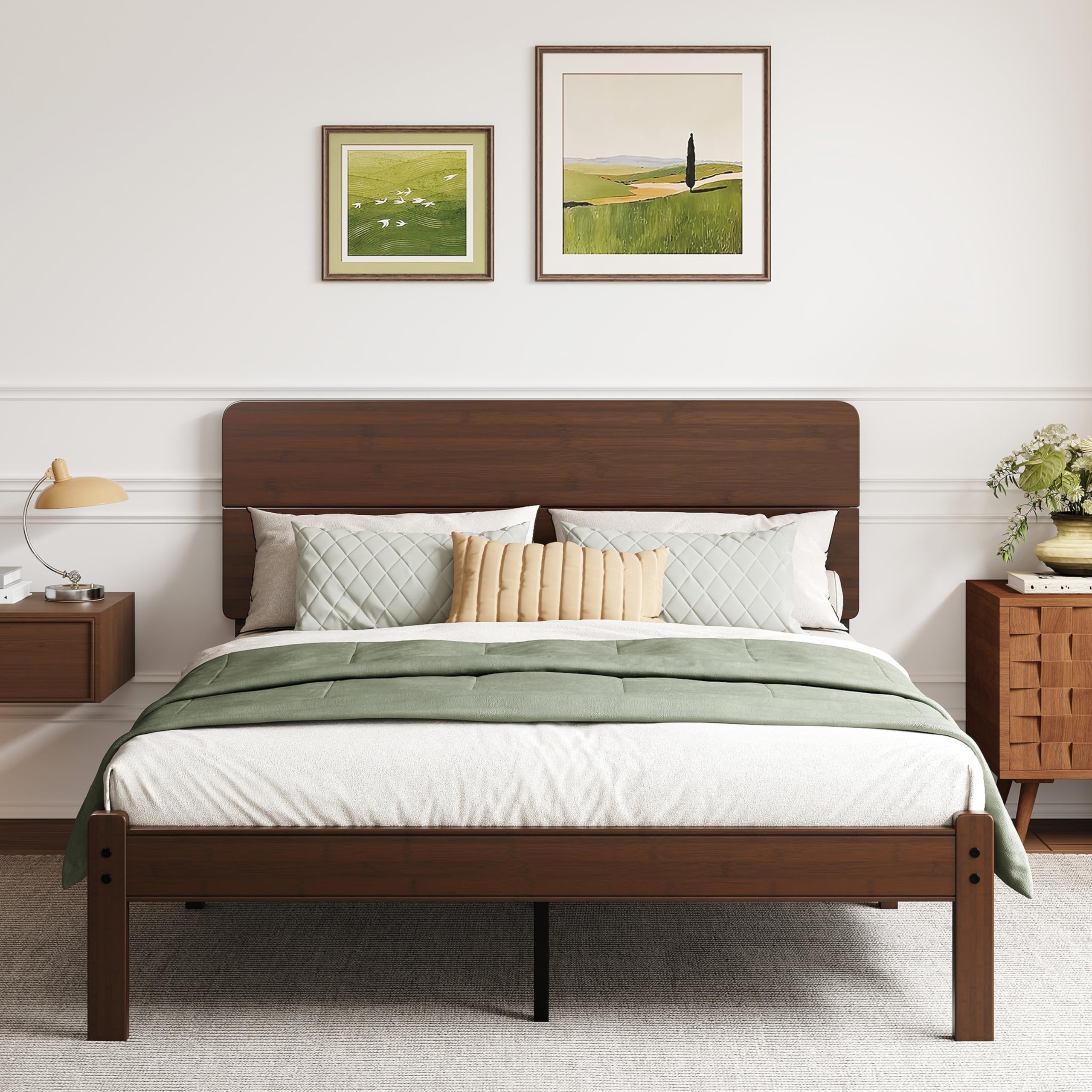 AURORAL ZONE 14 inch Bamboo Bed Frame with Headboard, No Box Spring Needed, Easy Assembly, Noise Free, Metal Slats Support, Walnut