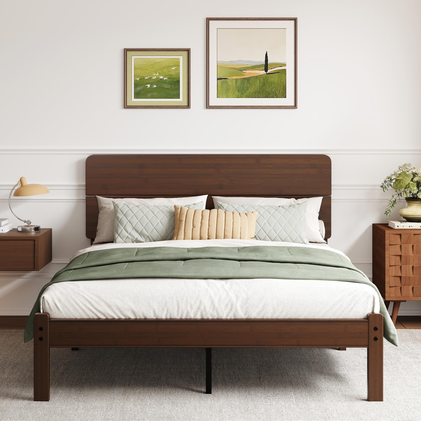 AURORAL ZONE 14 inch Bamboo Bed Frame with Headboard, No Box Spring Needed, Easy Assembly, Noise Free, Metal Slats Support, Walnut