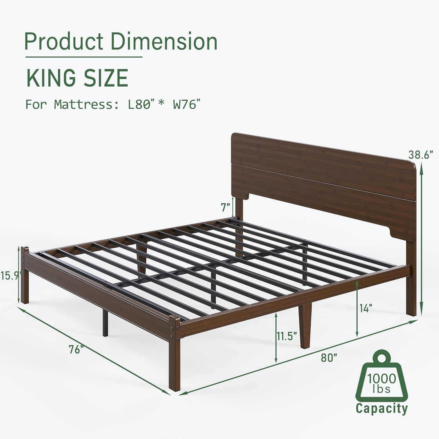 AURORAL ZONE 14 inch Bamboo Bed Frame with Headboard, No Box Spring Needed, Easy Assembly, Noise Free, Metal Slats Support, Walnut