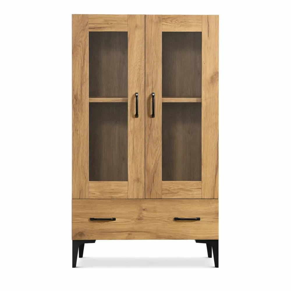 Armadio a vetrina con scomparti e cassetto in vetro trasparente