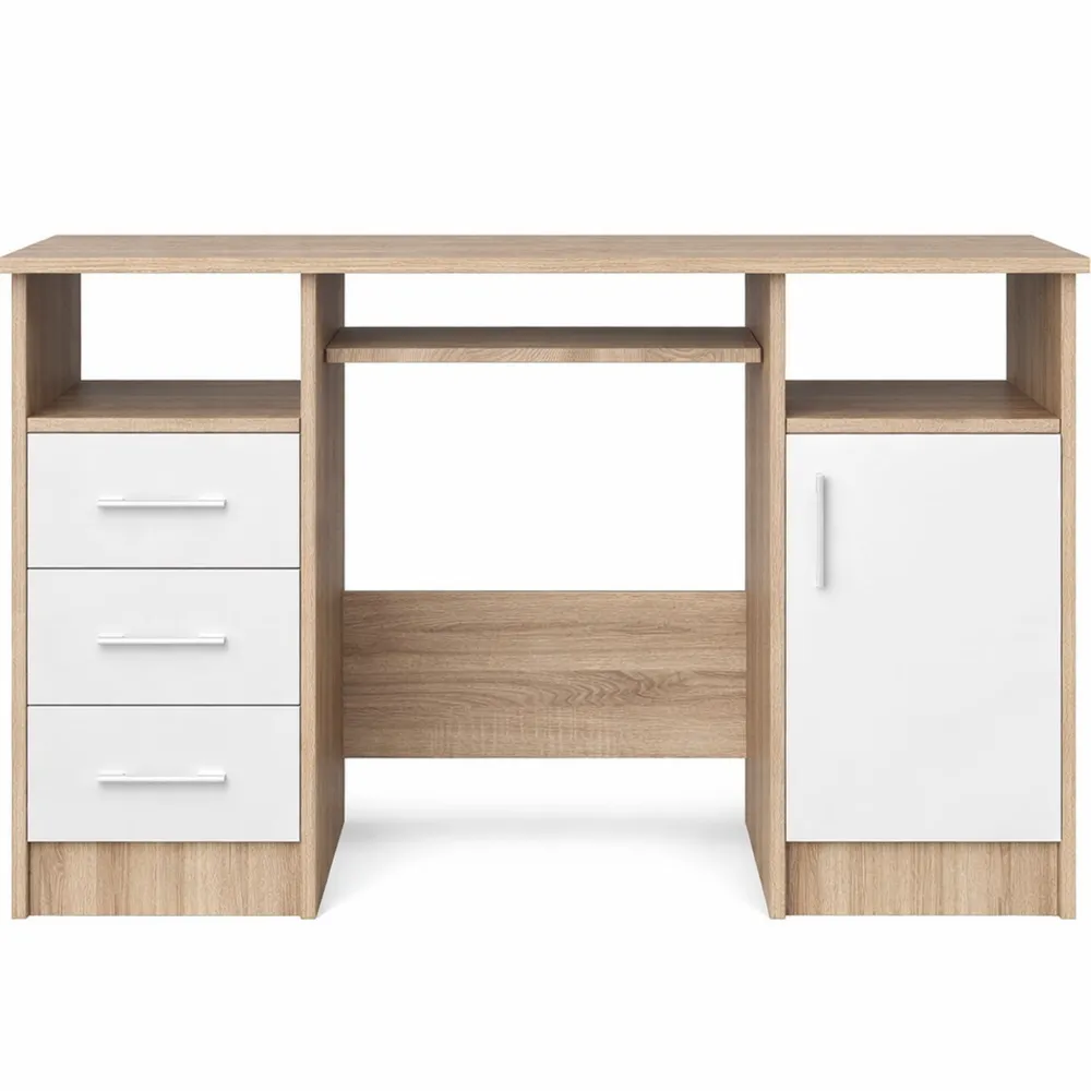 Scrivania per Computer con Ripiano Tastiera e 3 Cassetti, Rovere Sonoma/Bianco