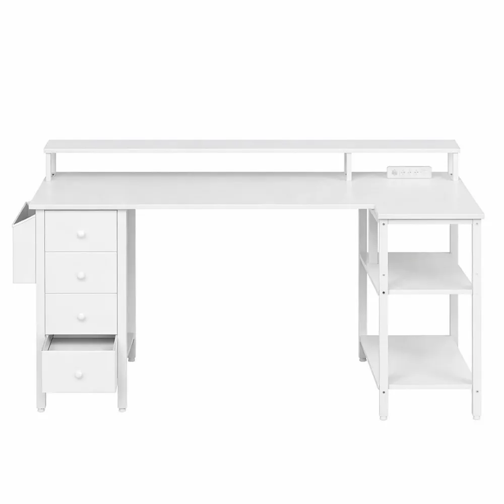 Scrivania Angolare con Cassetti e Prese di Corrente, Salvaspazio a L con Scaffali Portaoggetti