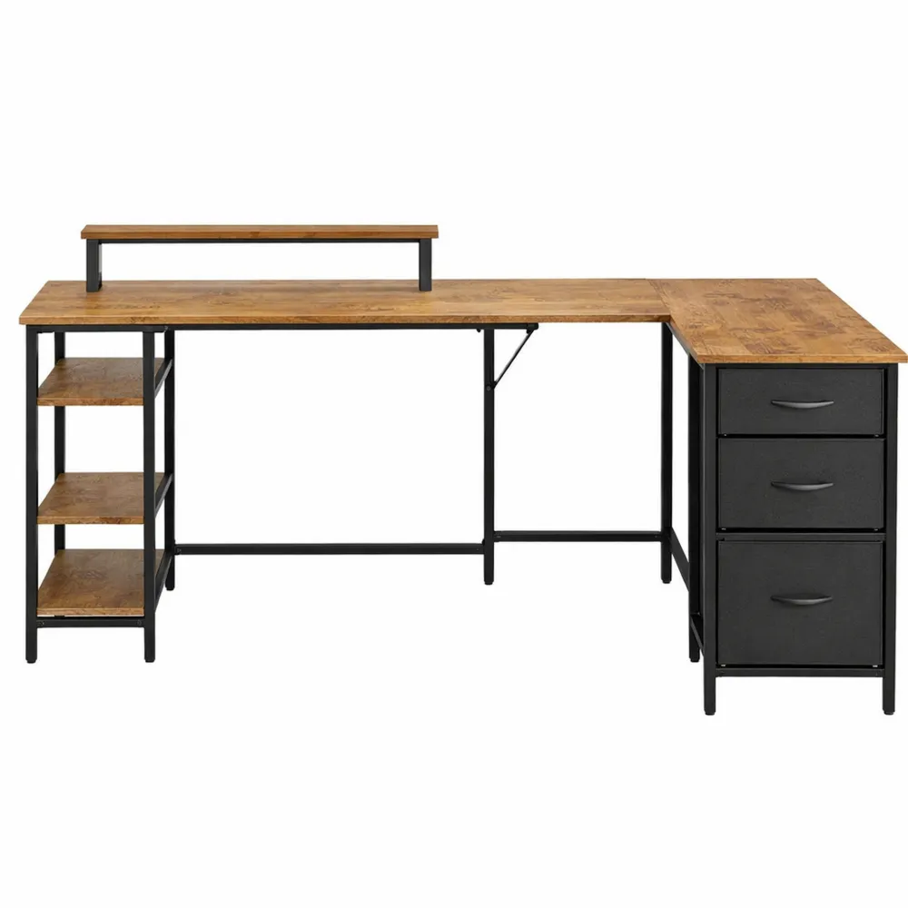 Scrivania Angolare con Cassetti e Porta USB, Tavolo per Ufficio e Camera da Letto, Finitura Marrone Rustico