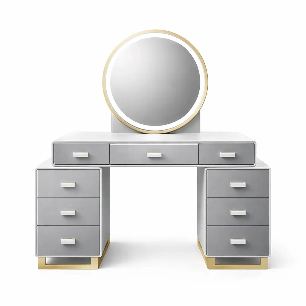 Schminktisch mit rundem Spiegel aus MDF und Metall Grau Gold-nestzorae