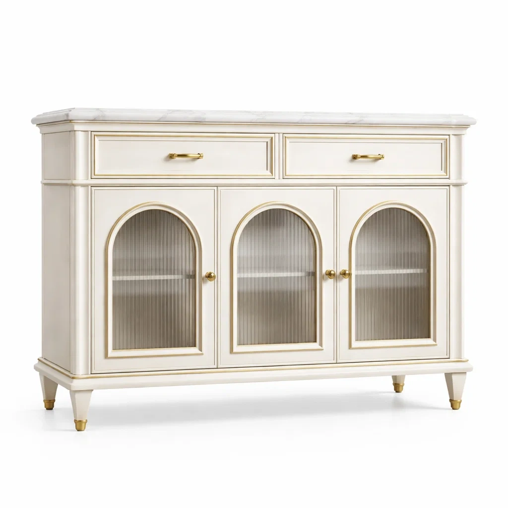 Sideboard aus Holz Weiß mit Strukturglastüren und Marmorplatte-nestzorae