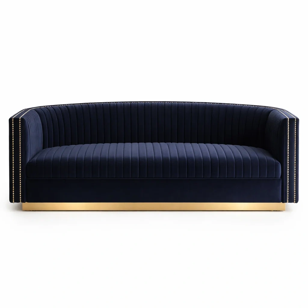 Sofa rund aus Samt Dunkelblau mit Edelstahlrahmen-nestzorae