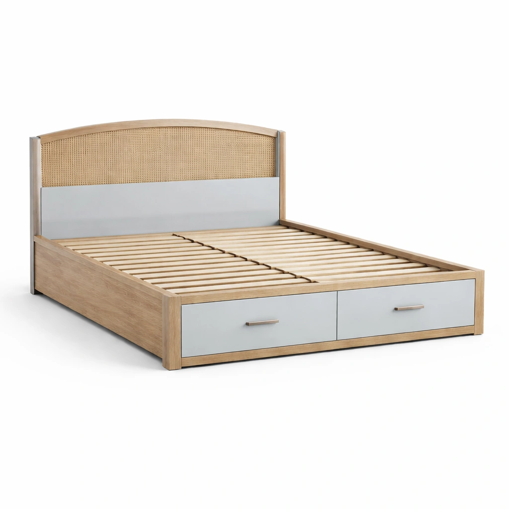 Bett mit stauraum holz kopfteil und schubladen beige grau-FURNSENO