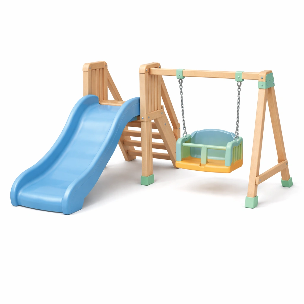 Kinderspielgerät Holz Polyethylen Rutsche Schaukel Blau Grün Gelb-FURNSENO